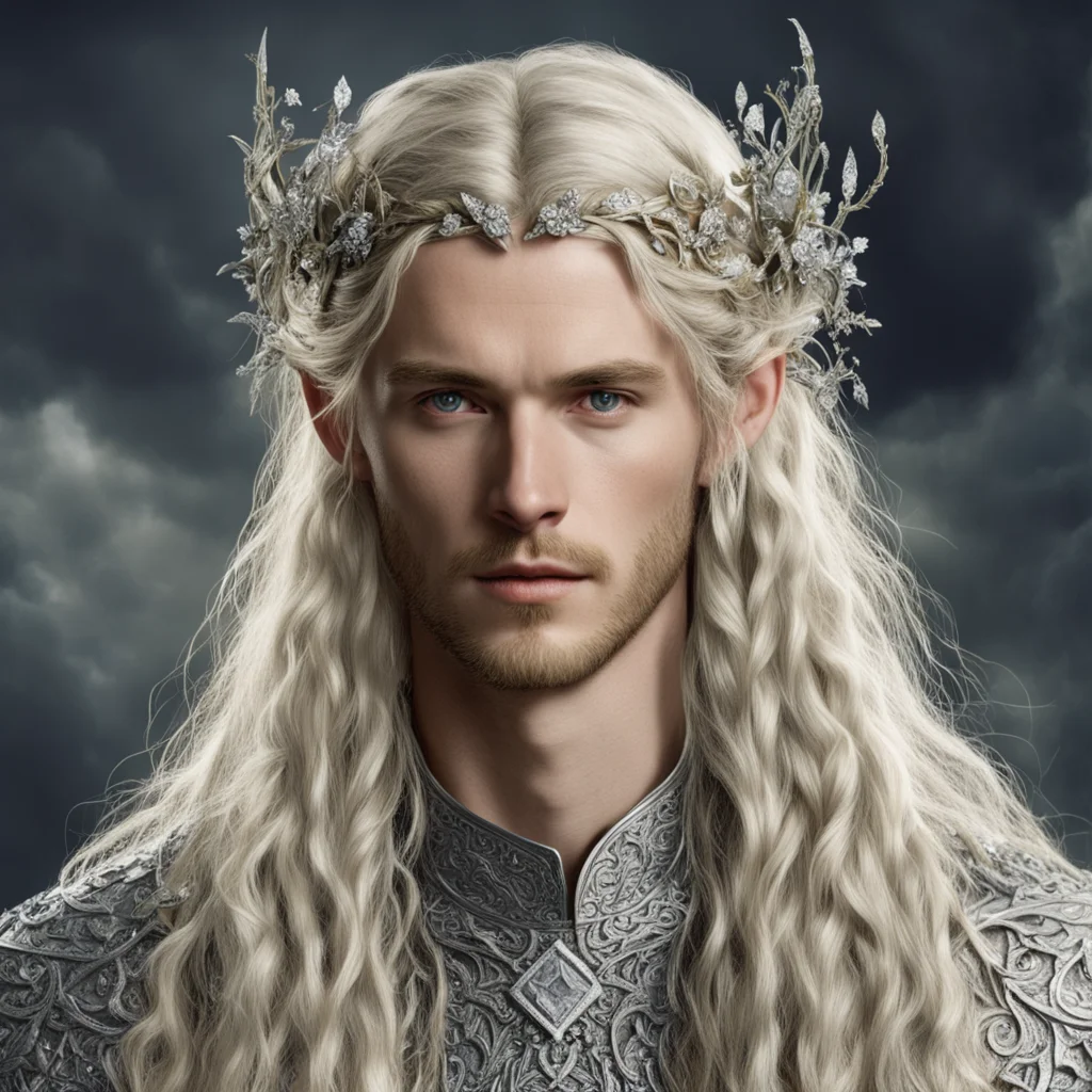 aitolkien king finrod with blond hair and braids wearing silver vines encrusted with diamonds with silver flowers encrusted with diamonds forming a silver elvish circlet with large center diamond