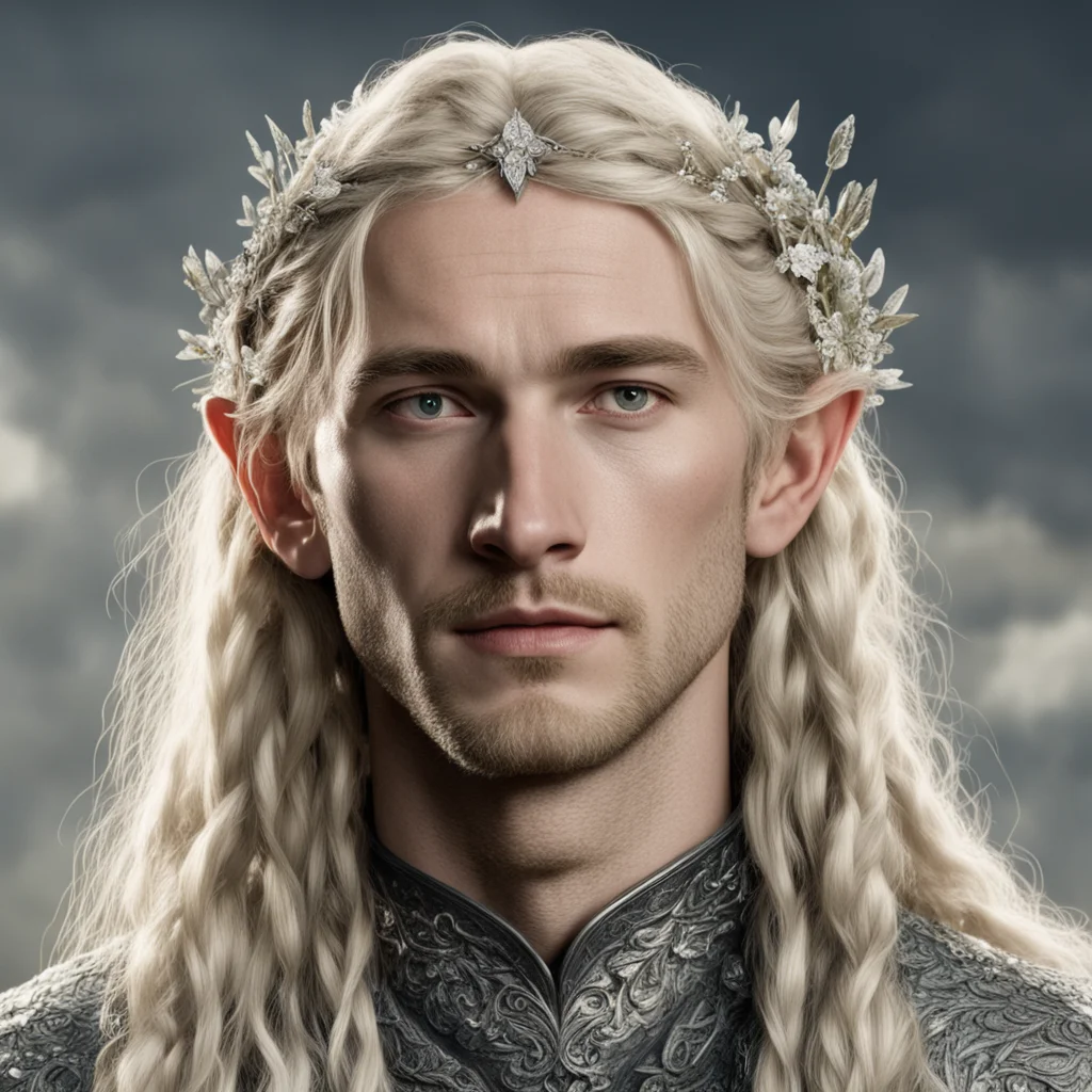aitolkien king finrod with blond hair and braids wearing small silver flowers encrusted with diamonds forming a small silver elvish circlet with large center diamond  amazing awesome portrait 2