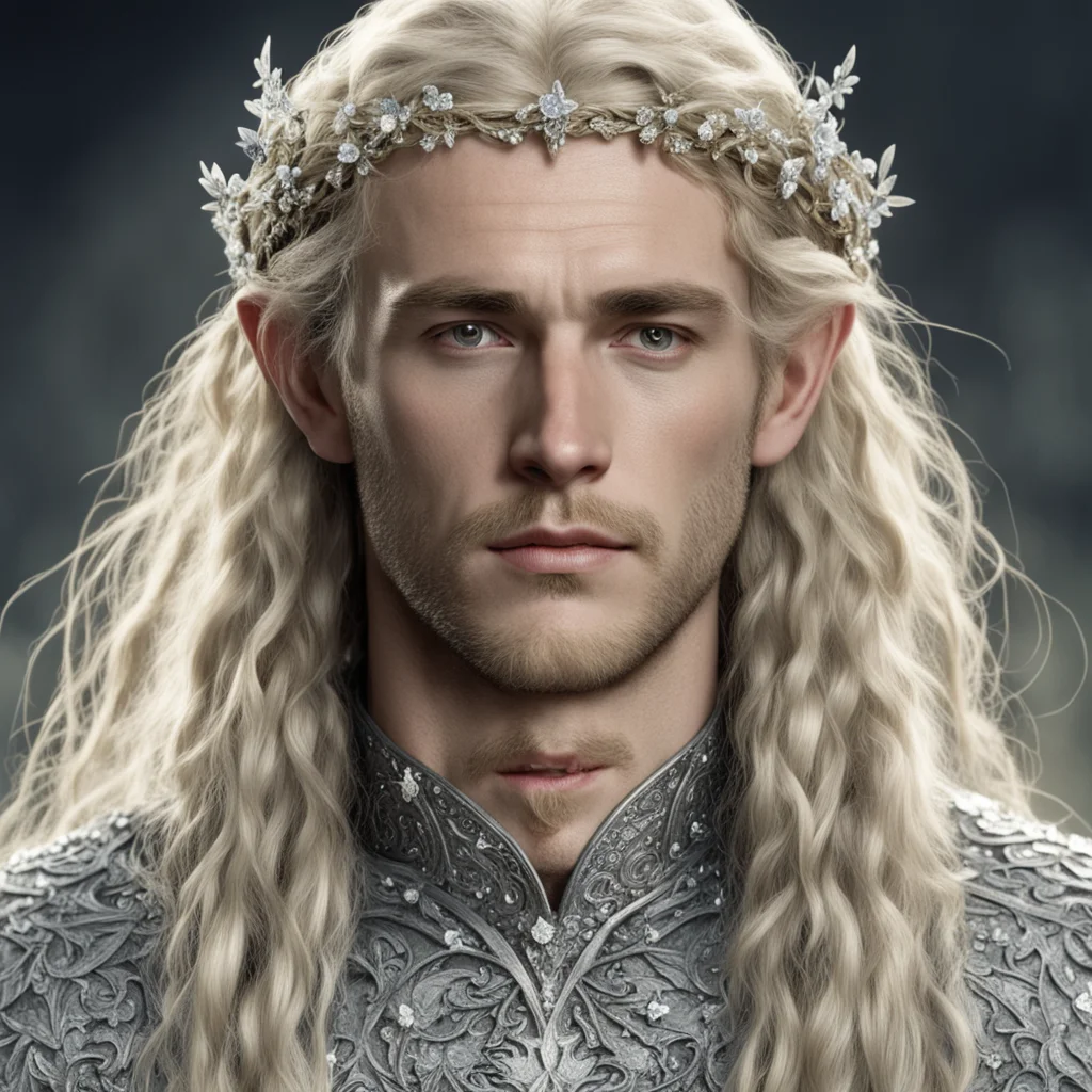 tolkien king finrod with blond hair and braids wearing small silver flowers encrusted with diamonds forming a small silver elvish circlet with large center diamond  confident engaging wow artstation