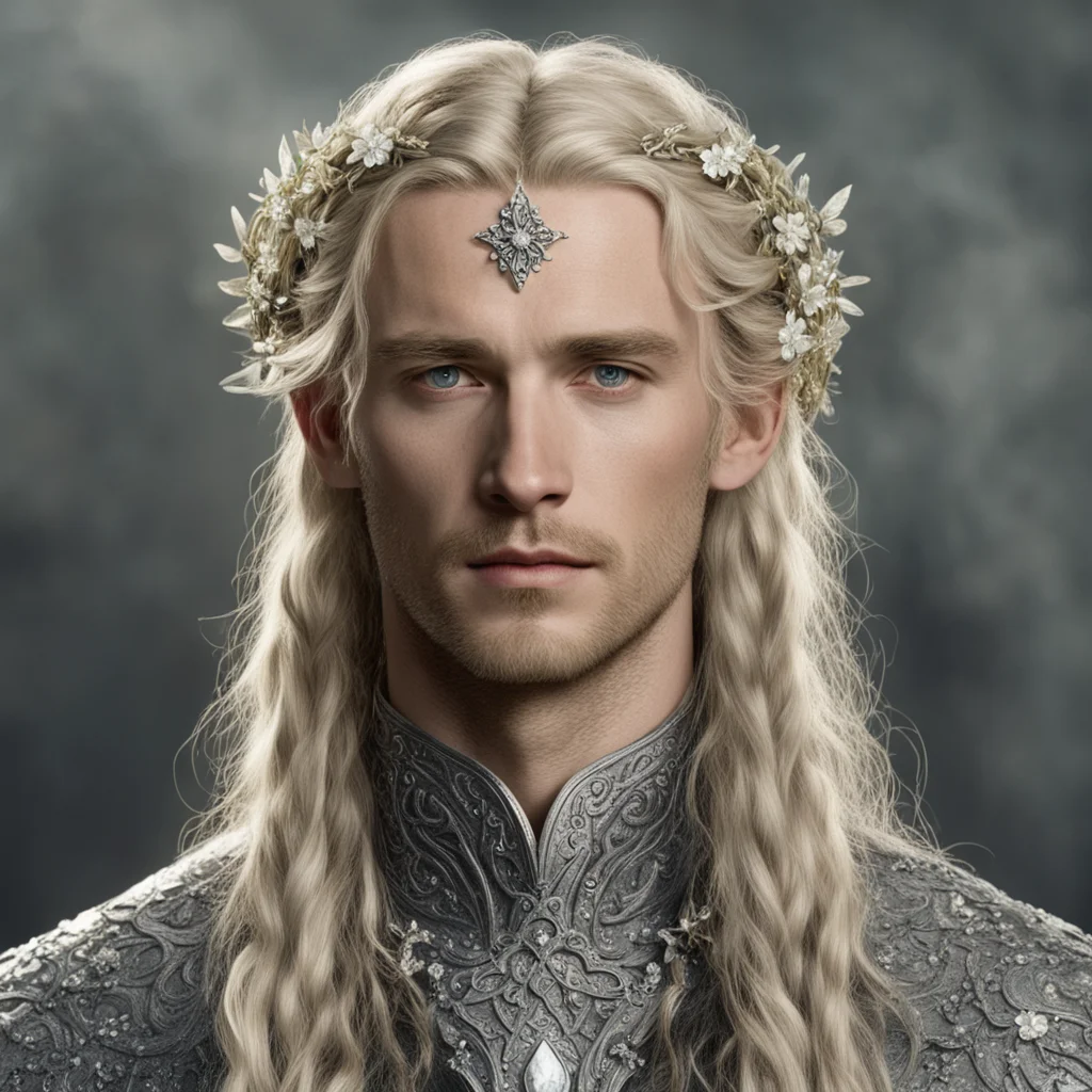 aitolkien king finrod with blond hair and braids wearing small silver flowers encrusted with diamonds forming a small silver elvish circlet with large center diamond 