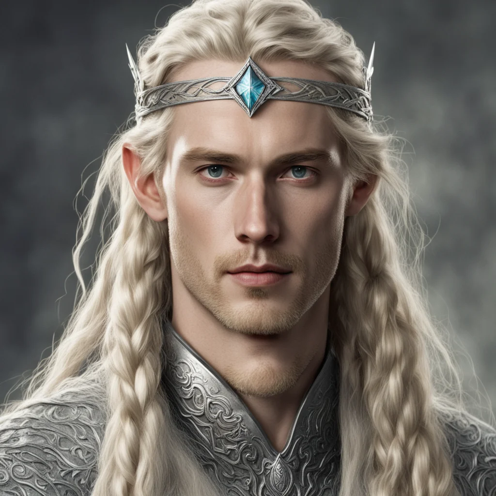 tolkien king finrod with blond hair with braids wearing silver noldoran elvish circlet with diamonds confident engaging wow artstation art 3