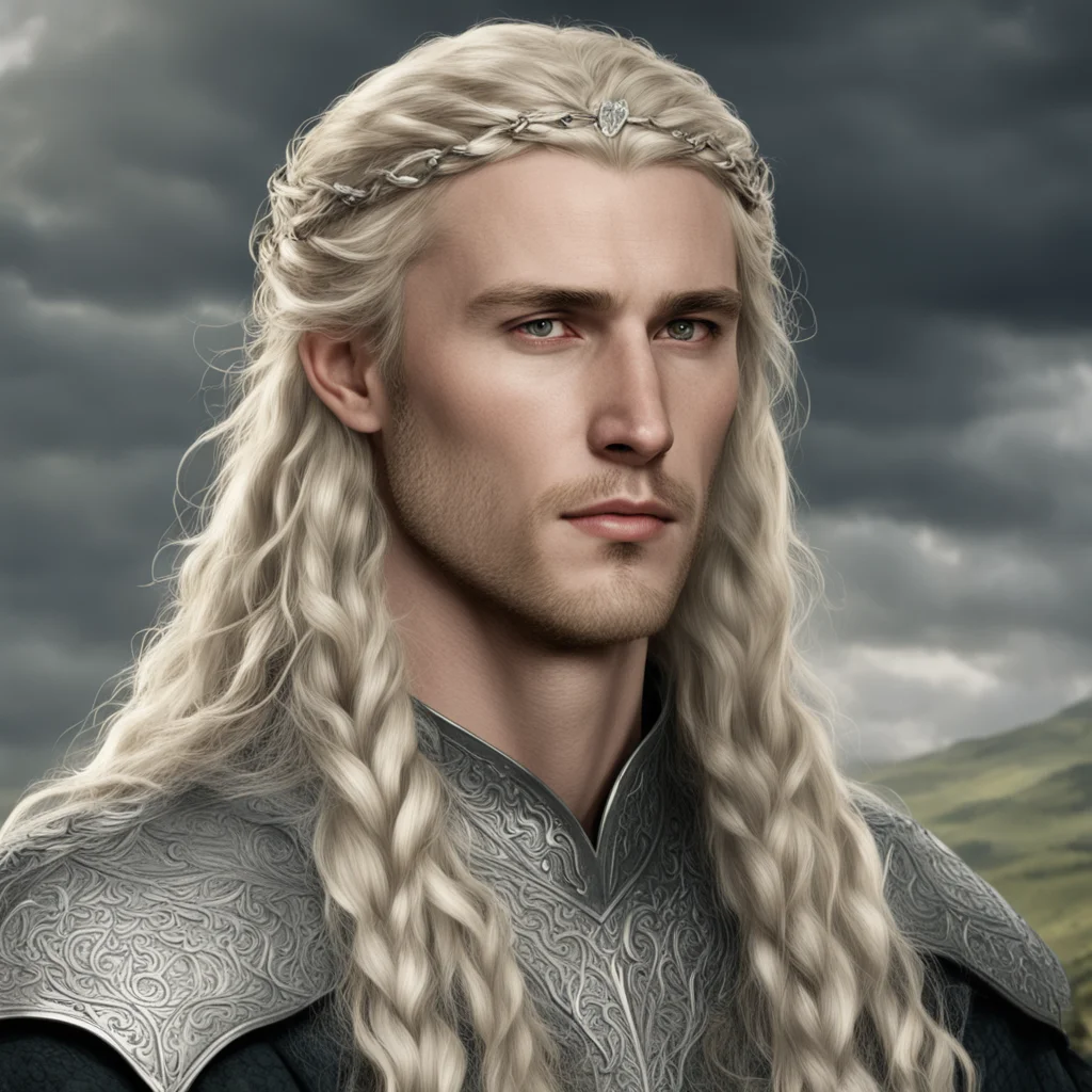 aitolkien king finrod with blond hair with braids wearing silver noldoran elvish circlet with diamonds