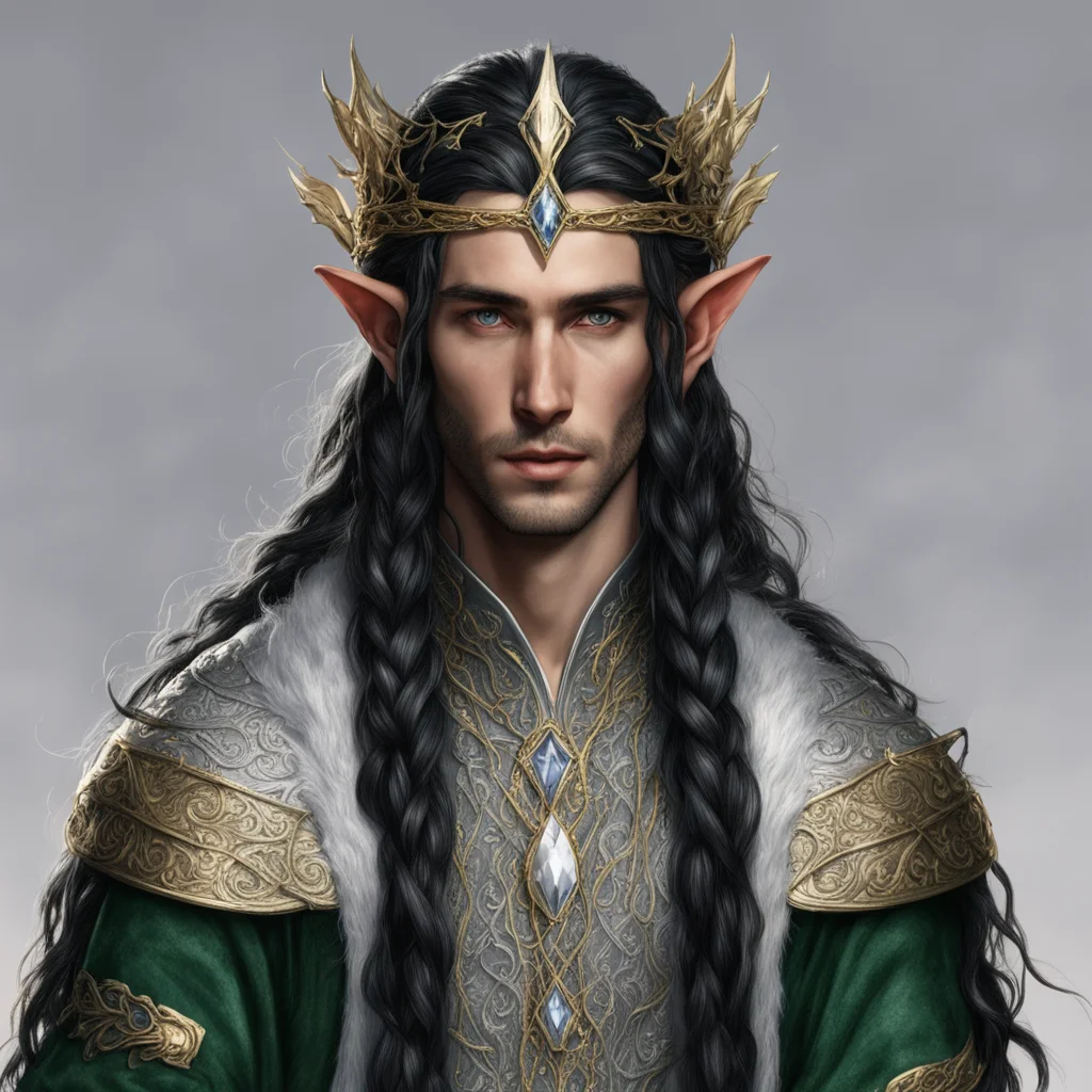 aitolkien king finwe male elf with dark hair and braids wearing silver and gold elvish circlet with diamonds and large center diamond amazing awesome portrait 2