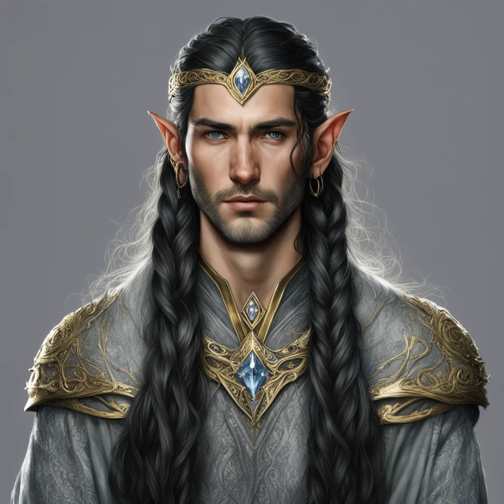 tolkien king finwe male elf with dark hair and braids wearing silver and gold elvish circlet with diamonds and large center diamond confident engaging wow artstation art 3