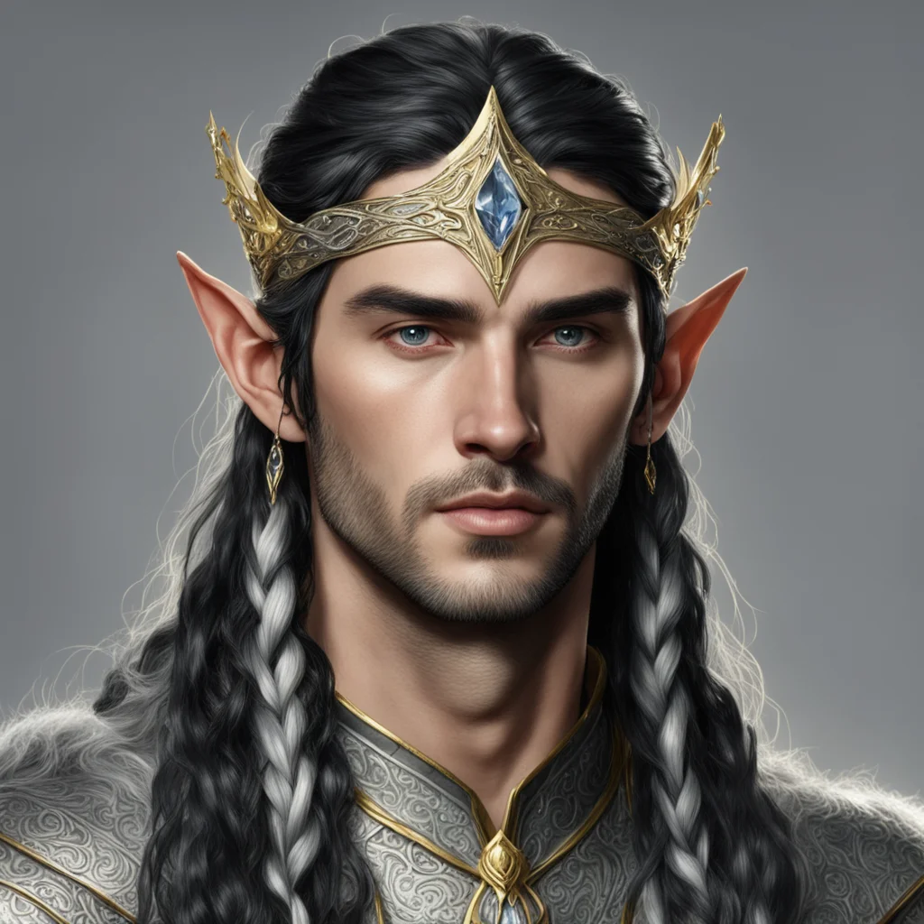 tolkien king finwe male elf with dark hair and braids wearing silver and gold elvish circlet with diamonds and large center diamond good looking trending fantastic 1