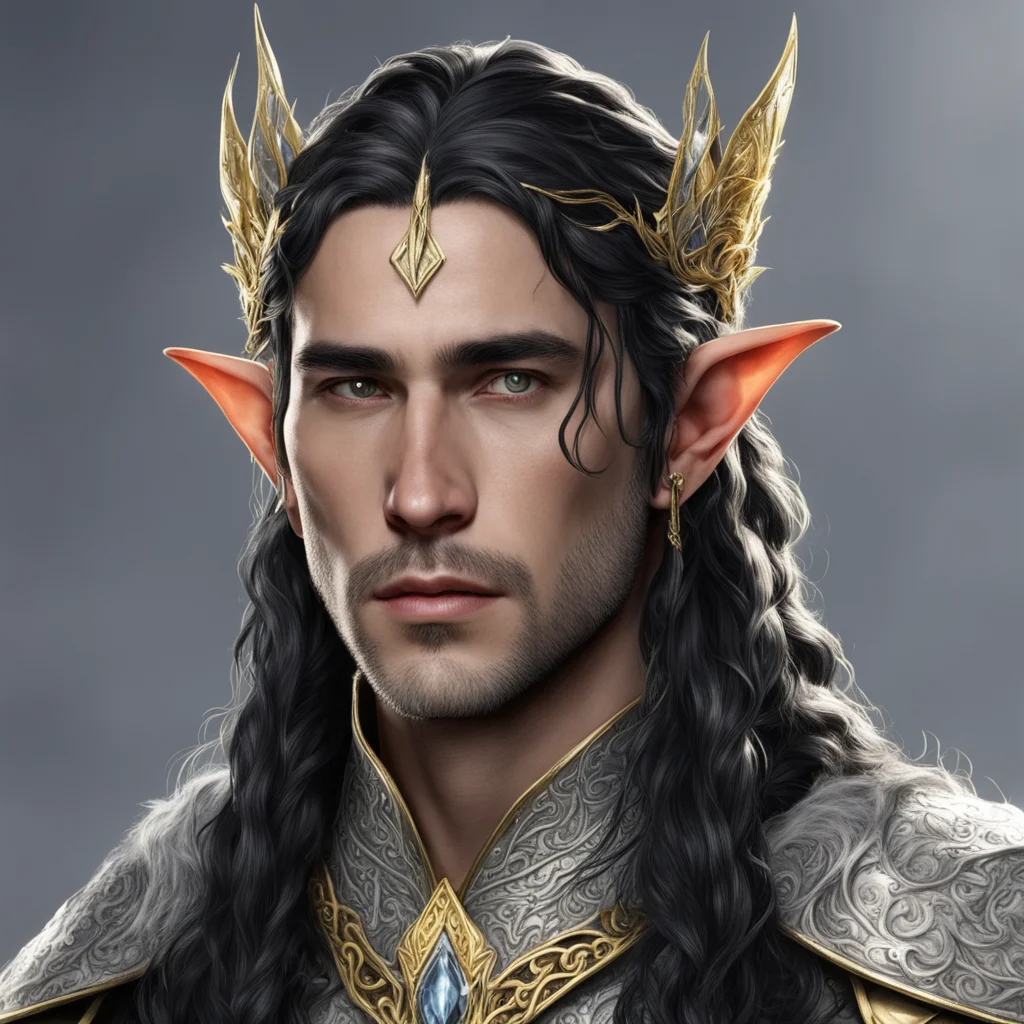 aitolkien king finwe male elf with dark hair and braids wearing silver and gold elvish circlet with diamonds and large center diamond