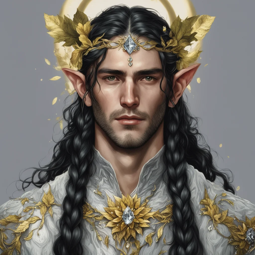tolkien king finwe male elf with dark hair and braids wearing silver and gold leaves and flowers to form a silver and gold elvish circlet with diamonds and large center diamond amazing awesome portr