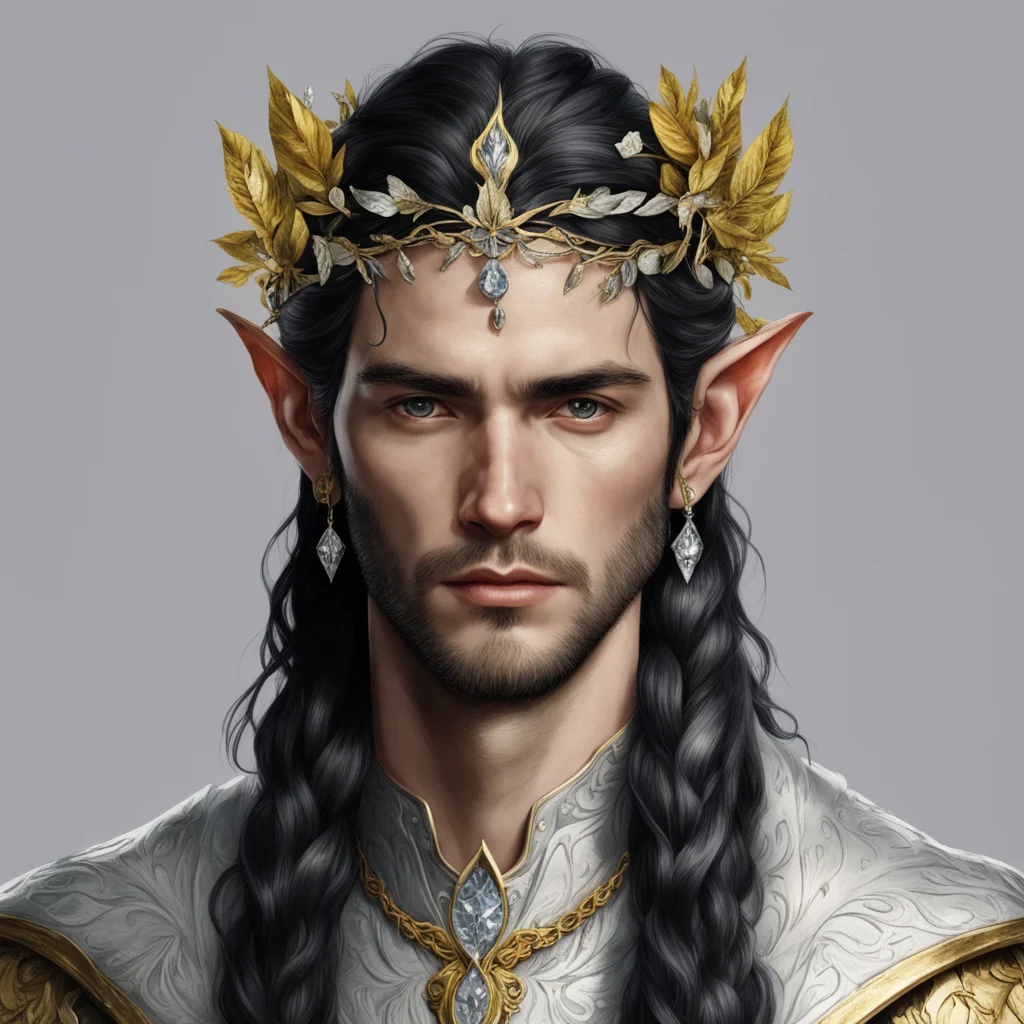 tolkien king finwe male elf with dark hair and braids wearing silver and gold leaves and flowers to form a silver and gold elvish circlet with diamonds and large center diamond confident engaging wo