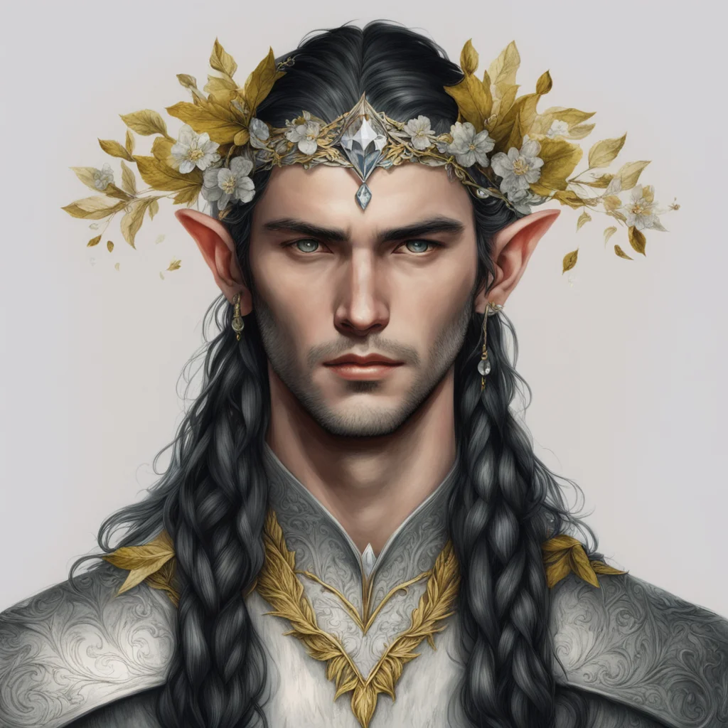 tolkien king finwe male elf with dark hair and braids wearing silver and gold leaves and flowers to form a silver and gold elvish circlet with diamonds and large center diamond good looking trending