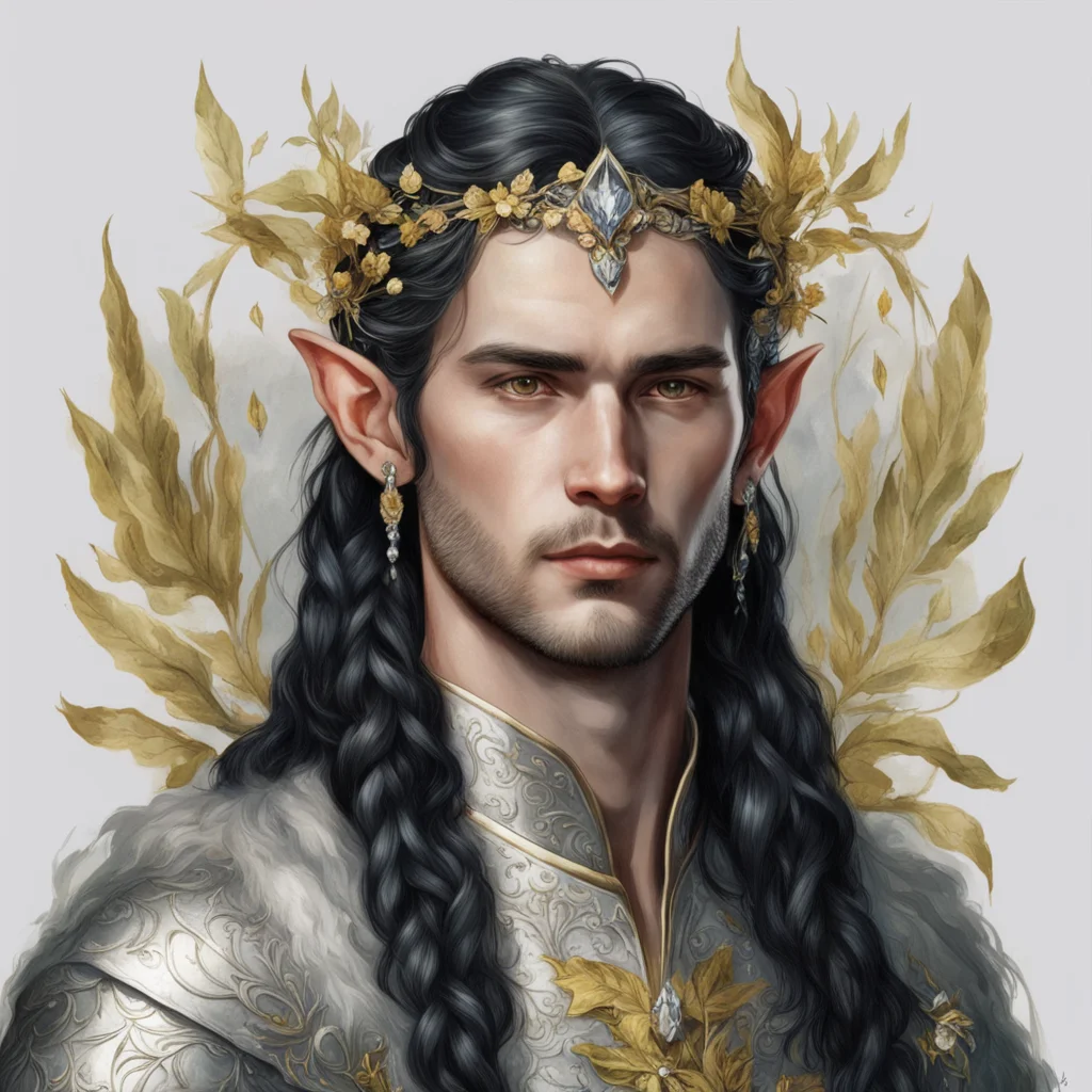tolkien king finwe male elf with dark hair and braids wearing silver and gold leaves and flowers to form a silver and gold elvish circlet with diamonds and large center diamond