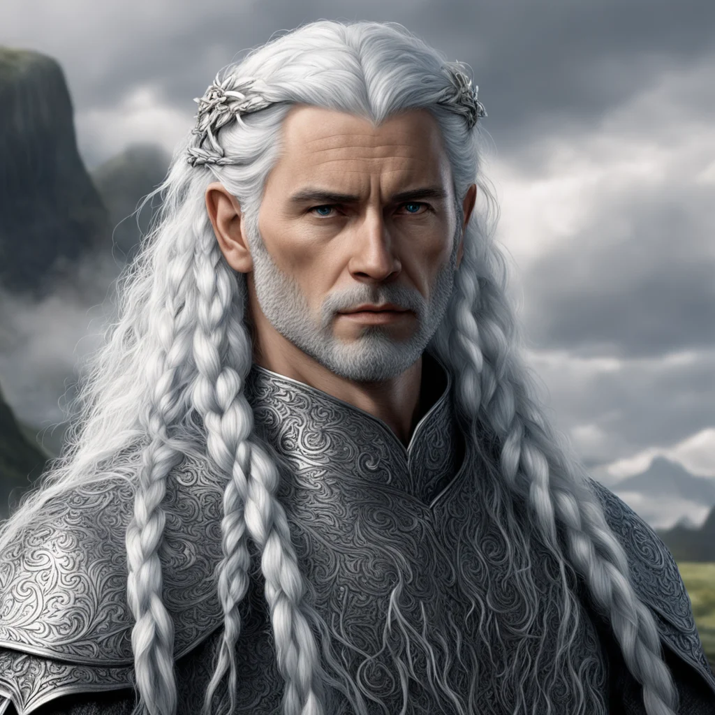 tolkien king gil galad with silver hair and braids wearing silver flower 