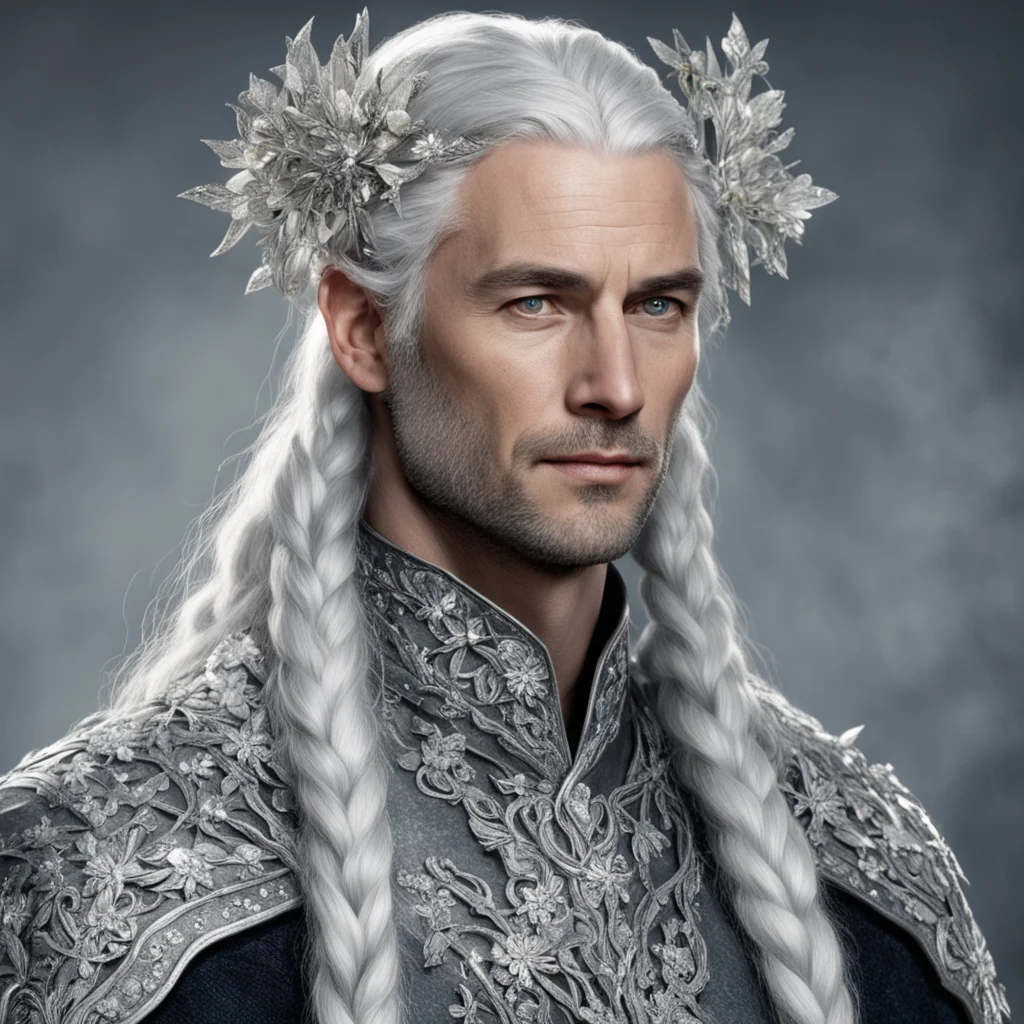 tolkien king gil galad with silver hair and braids wearing silver flowers encrusted with diamonds to form a silver serpentine elvish circlet with large center diamond  amazing awesome portrait 2.web