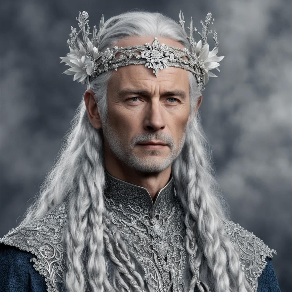 tolkien king gil galad with silver hair and braids wearing silver flowers encrusted with diamonds to form a silver serpentine elvish circlet with large center diamond  confident engaging wow artstat