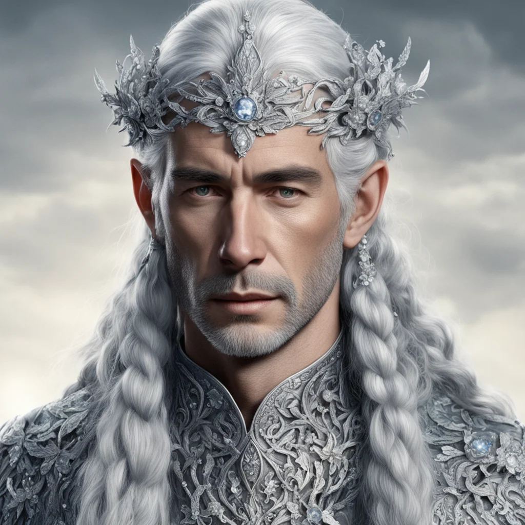 tolkien king gil galad with silver hair and braids wearing silver flowers encrusted with diamonds to form a silver serpentine elvish circlet with large center diamond  good looking trending fantasti