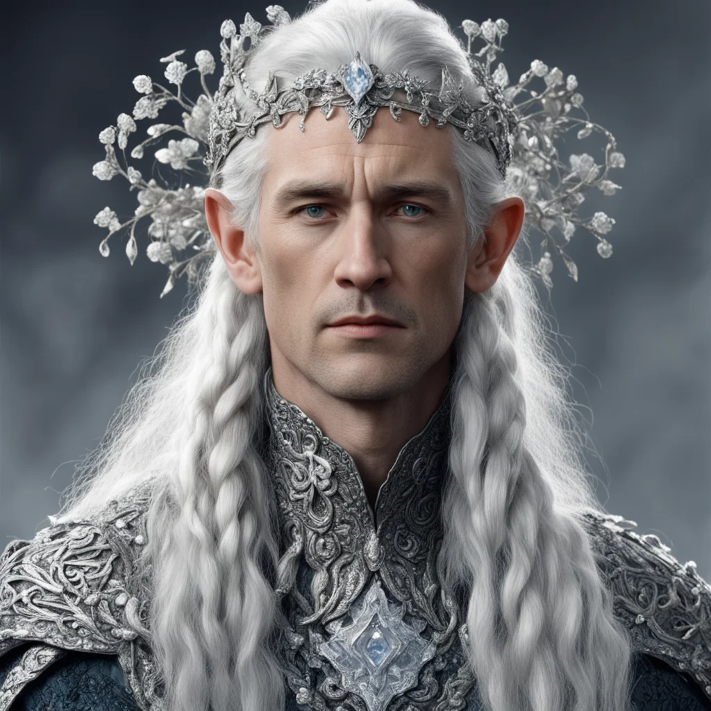 aitolkien king gil galad with silver hair and braids wearing silver flowers encrusted with diamonds to form a silver serpentine elvish circlet with large center diamond 