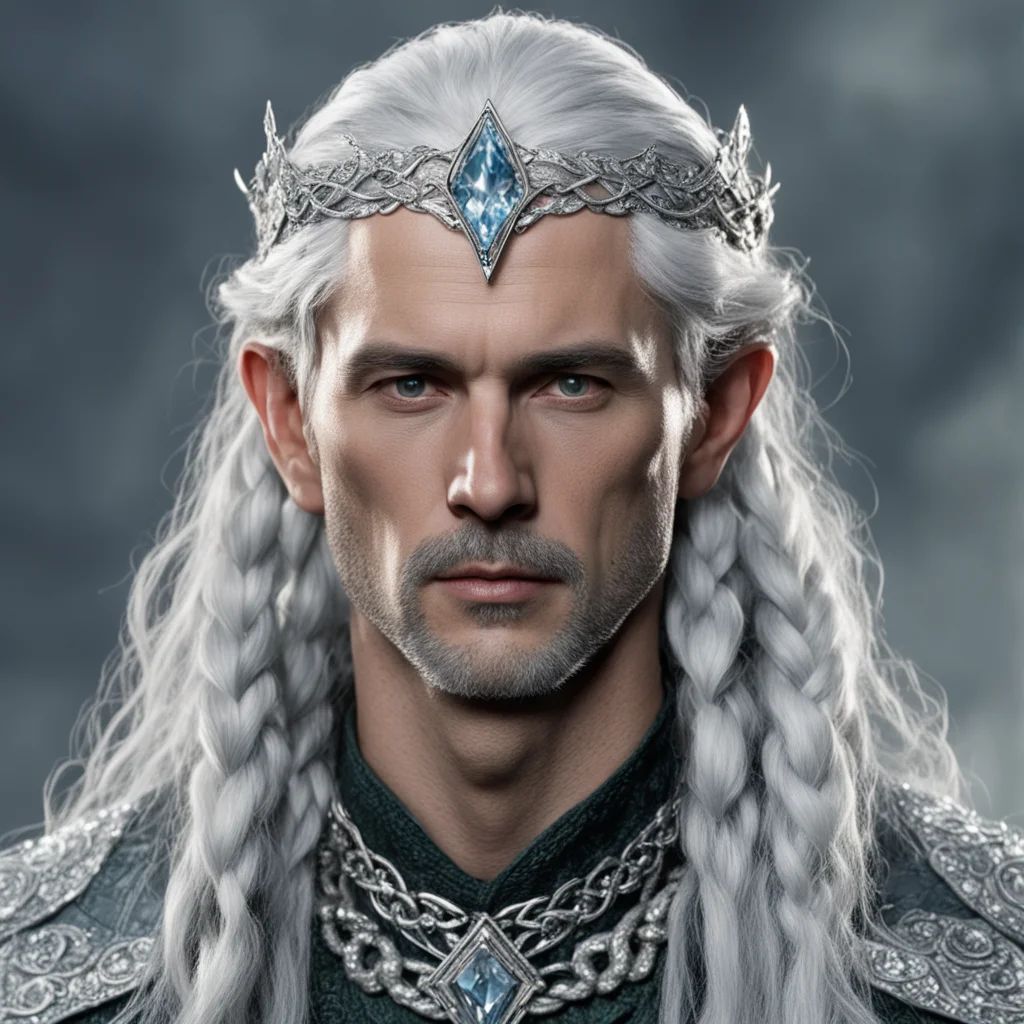 tolkien king gil galad with silver hair and braids wearing silver serpentine elvish circlet encrusted with diamonds with large center diamond 