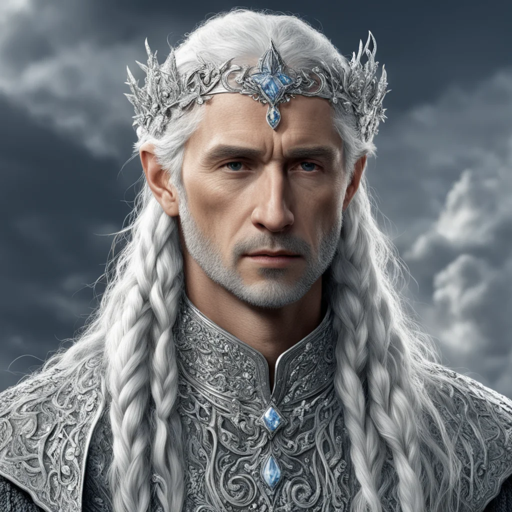 tolkien king gil galad with silver hair and braids wearing silver vines encrusted with diamonds with silver flowers encrusted with diamonds forming a silver elvish circlet with large center diamond 