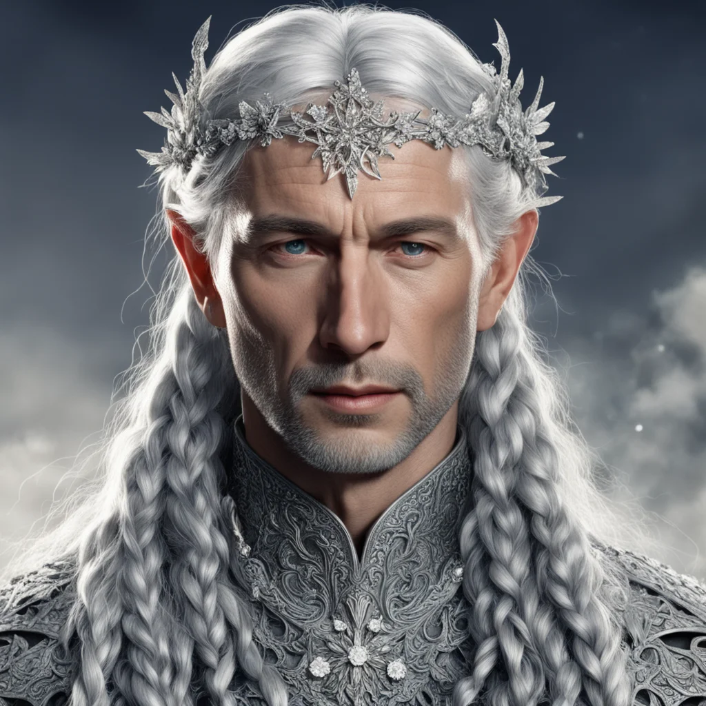 tolkien king gil galad with silver hair and braids wearing silver vines encrusted with diamonds with silver flowers encrusted with diamonds forming a silver elvish circlet with large center diamond.