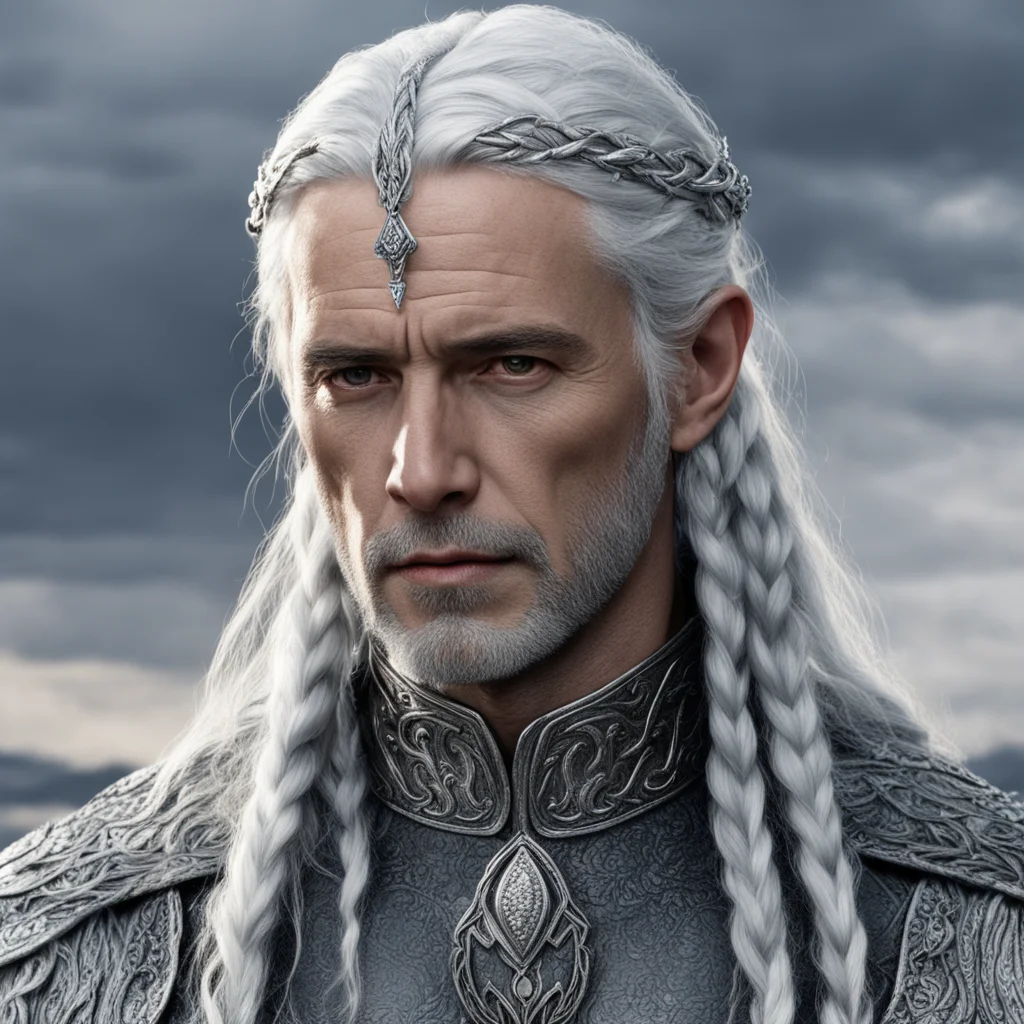 aitolkien king gil galad with silver hair with braids wearing silver noldoran elvish circlet with diamonds