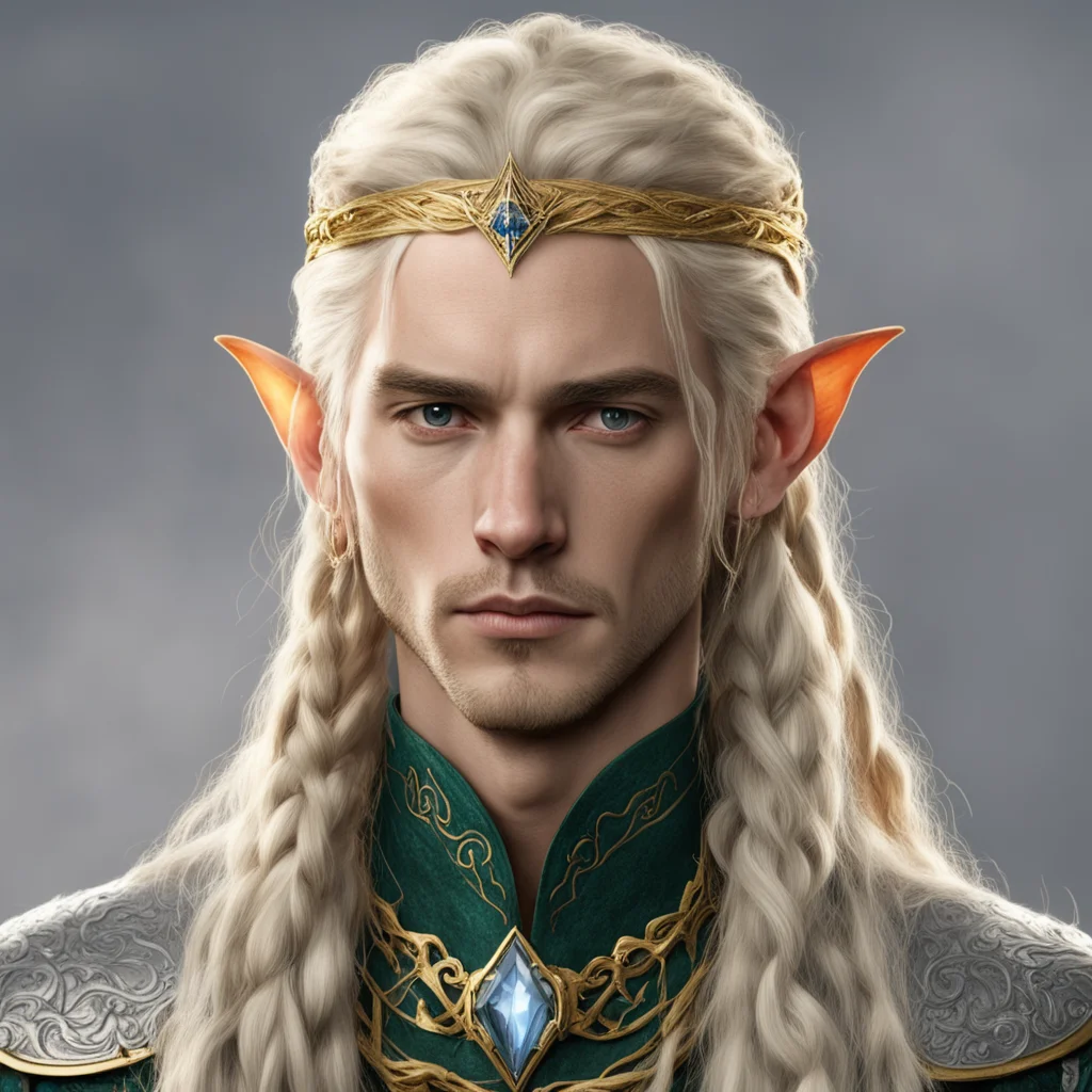 aitolkien king ingwe male elf with blond hair and braids with gold and silver elvish circlet with diamonds and large center diamond amazing awesome portrait 2