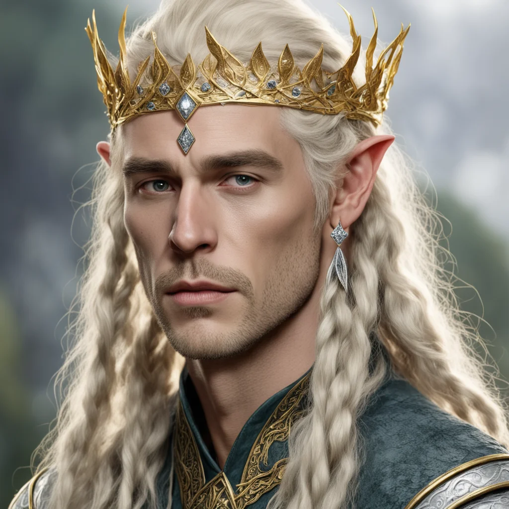 aitolkien king ingwe male elf with blond hair and braids with gold and silver elvish circlet with diamonds and large center diamond good looking trending fantastic 1