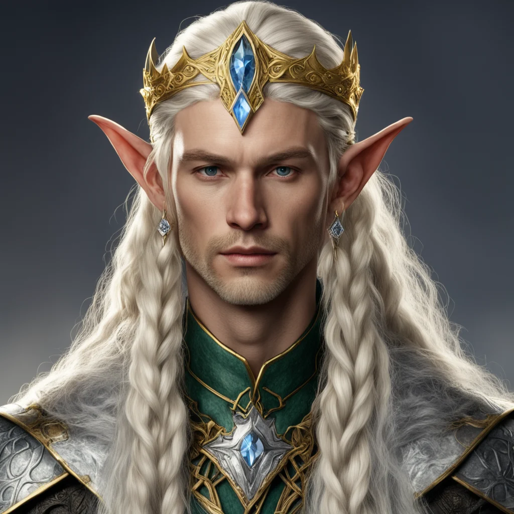 aitolkien king ingwe male elf with blond hair and braids with gold and silver elvish circlet with diamonds and large center diamond