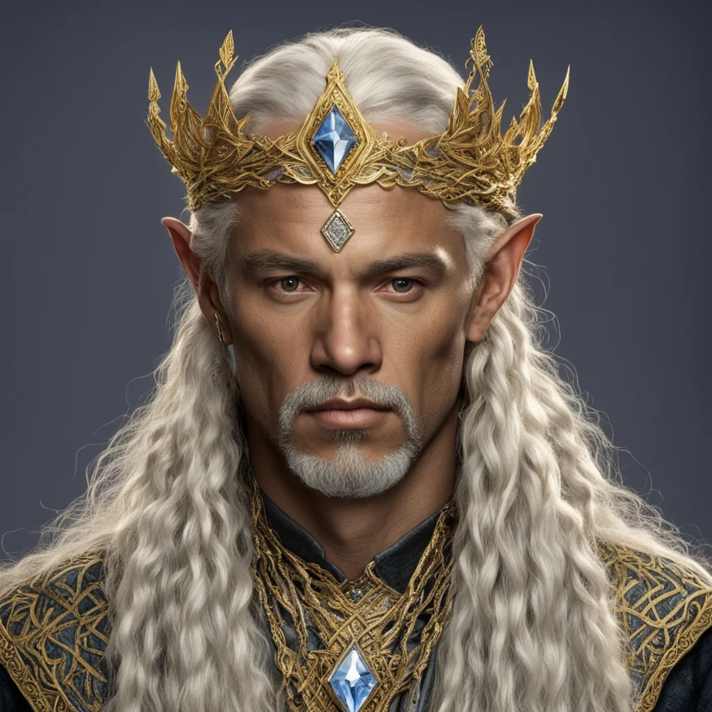 aitolkien king ingwe with golden hair and braids wearing gold and silver elvish circlet with diamonds with large center diamond good looking trending fantastic 1