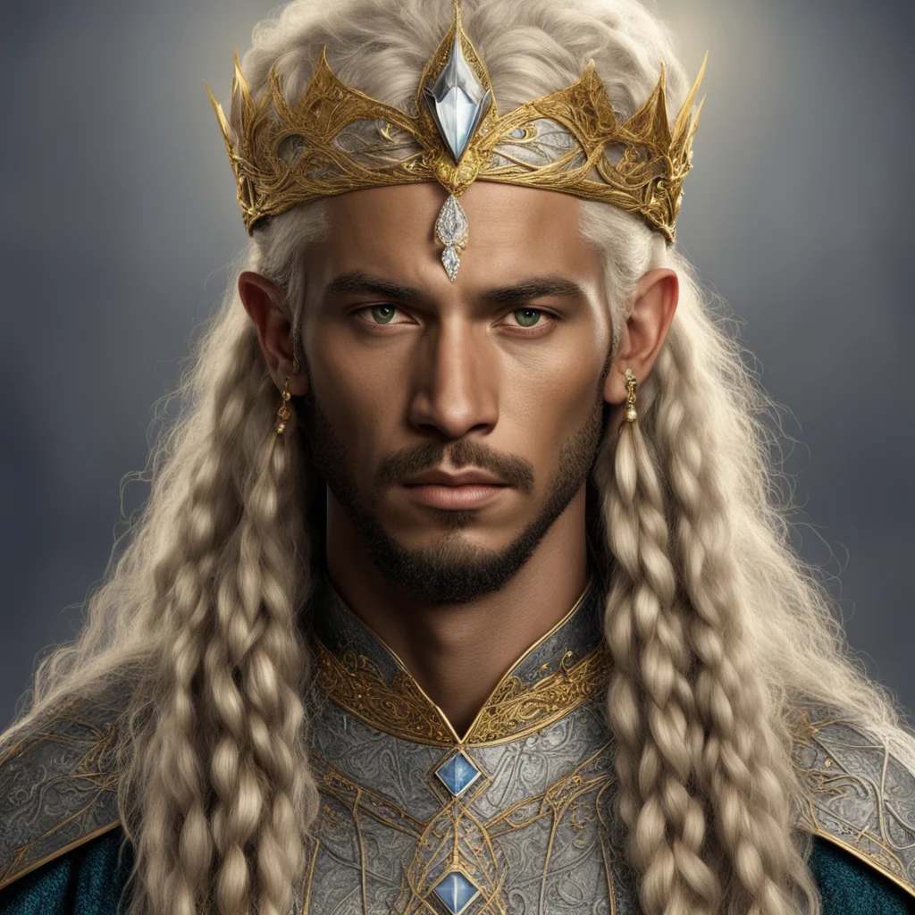 aitolkien king ingwe with golden hair and braids with light skin and golden eyes wearing gold and silver elvish circlet with diamonds with large center diamond amazing awesome portrait 2