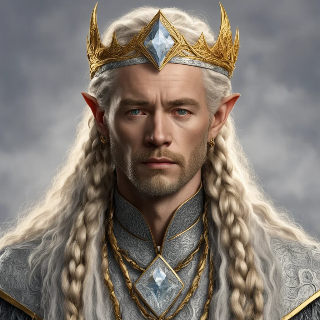 aitolkien king ingwe with golden hair and braids with light skin and golden eyes wearing gold and silver elvish circlet with diamonds with large center diamond good looking trending fantastic 1