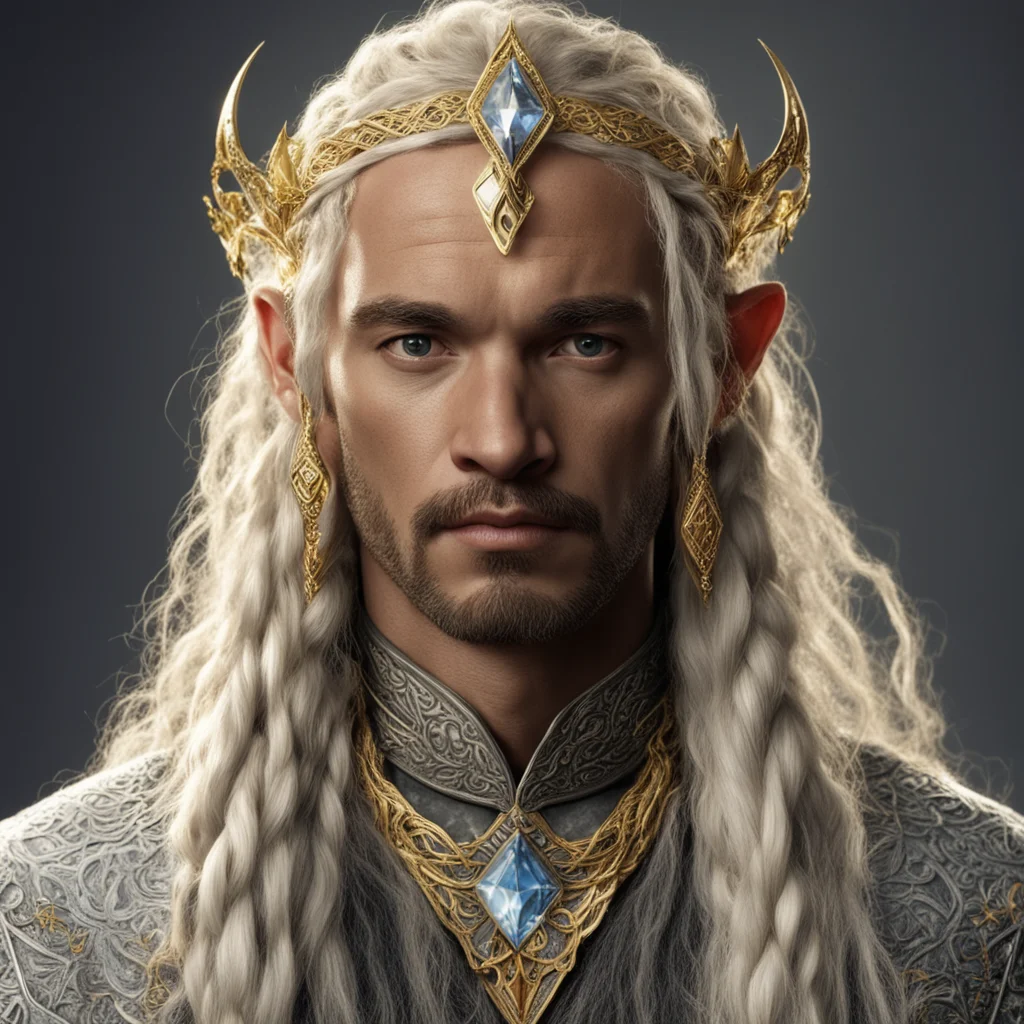 aitolkien king ingwe with golden hair and braids with light skin and golden eyes wearing gold and silver elvish circlet with diamonds with large center diamond