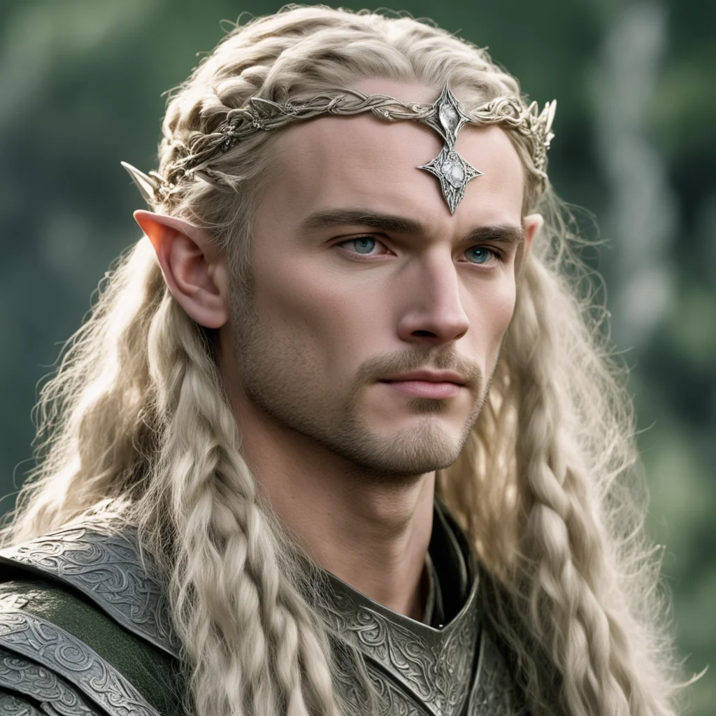 tolkien king legolas with blonde hair and braids wearing silver laurel leaf elvish circlet heavily encrusted with diamonds with large center circular diamond confident engaging wow artstation art 3.