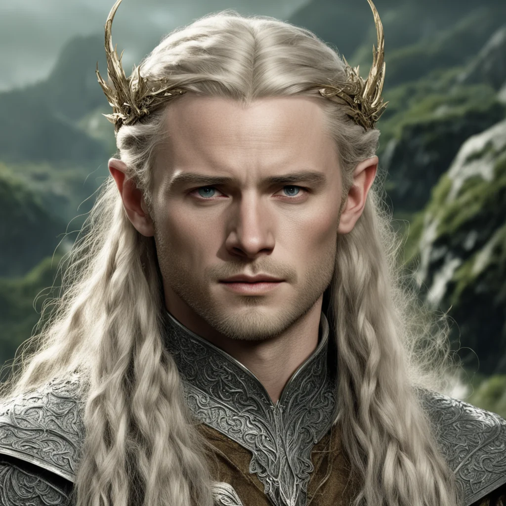 aitolkien king legolas with blonde hair and braids wearing silver laurel leaf elvish circlet heavily encrusted with diamonds with large center circular diamond good looking trending fantastic 1