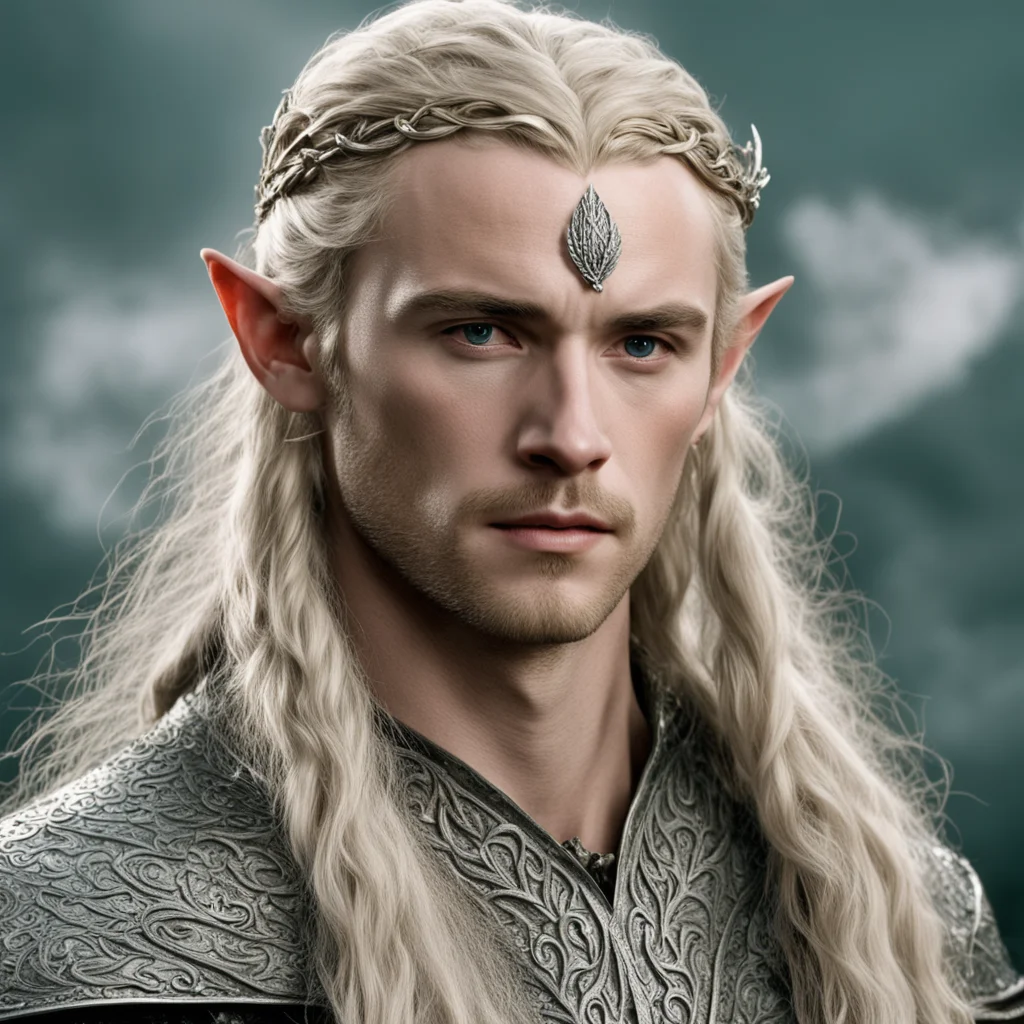 aitolkien king legolas with blonde hair and braids wearing silver laurel leaf elvish circlet heavily encrusted with diamonds with large center circular diamond