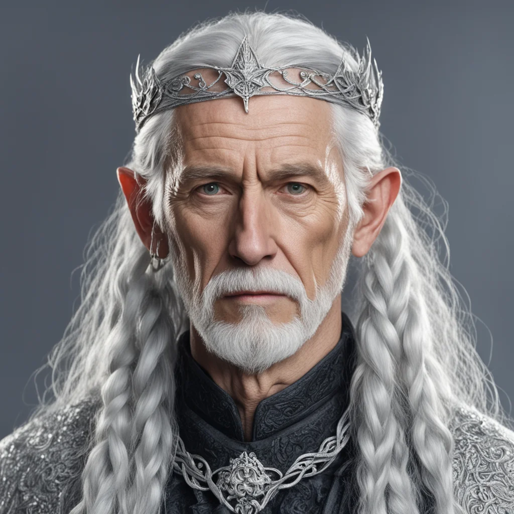 aitolkien king olwe with silver hair with braids wearing silver sindarin elvish circlet with diamonds good looking trending fantastic 1