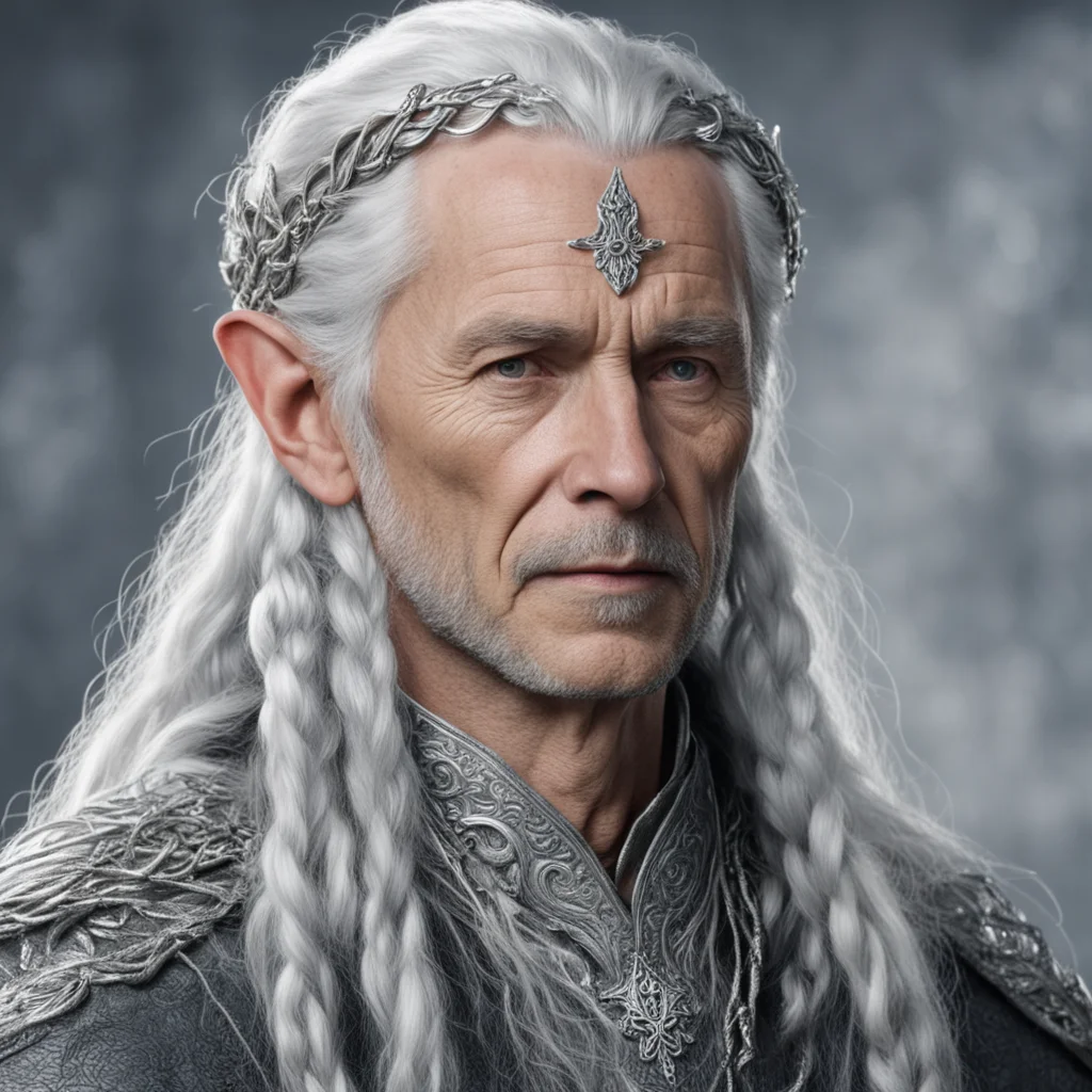 aitolkien king olwe with silver hair with braids wearing silver sindarin elvish circlet with diamonds