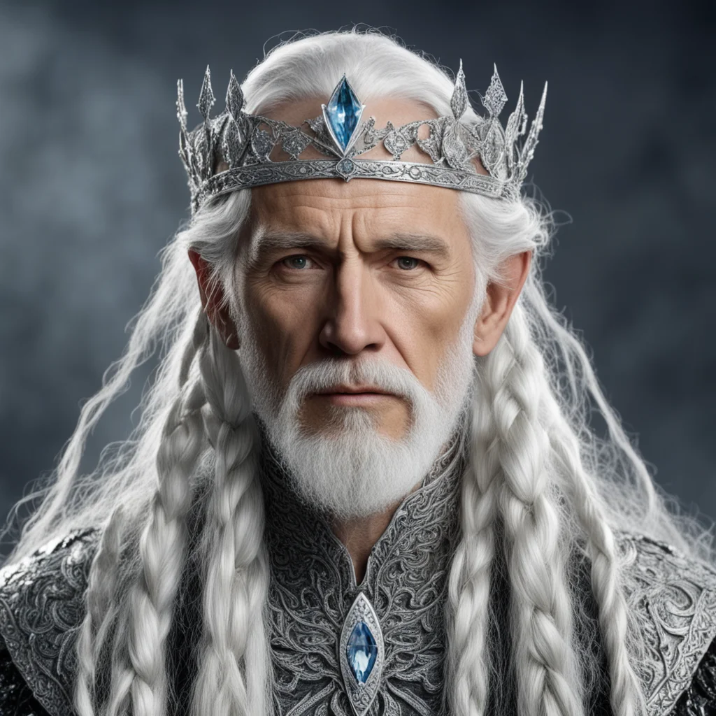 aitolkien king olwe with white hair and braids wearing silver elvish circlet encrusted with diamonds with large center diamond amazing awesome portrait 2