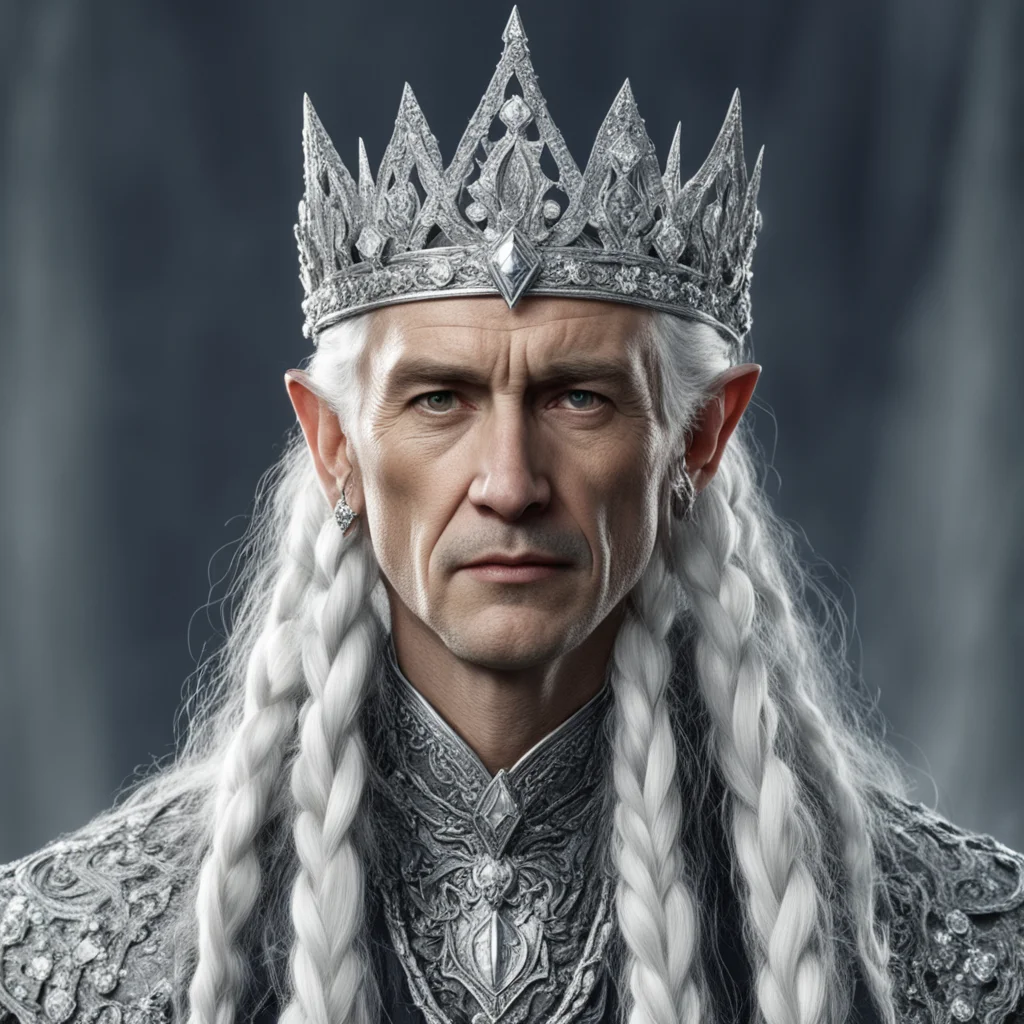 tolkien king olwe with white hair and braids wearing silver elvish circlet encrusted with diamonds with large center diamond good looking trending fantastic 1