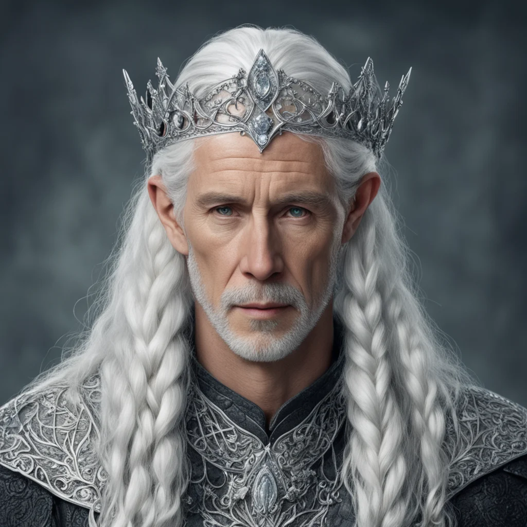 aitolkien king olwe with white hair and braids wearing silver elvish circlet encrusted with diamonds with large center diamond