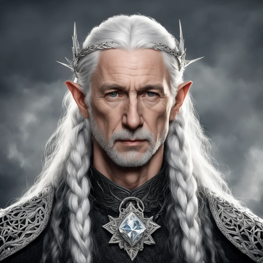 aitolkien king olwe with white hair with braids wearing elvish silver circlet with diamonds amazing awesome portrait 2