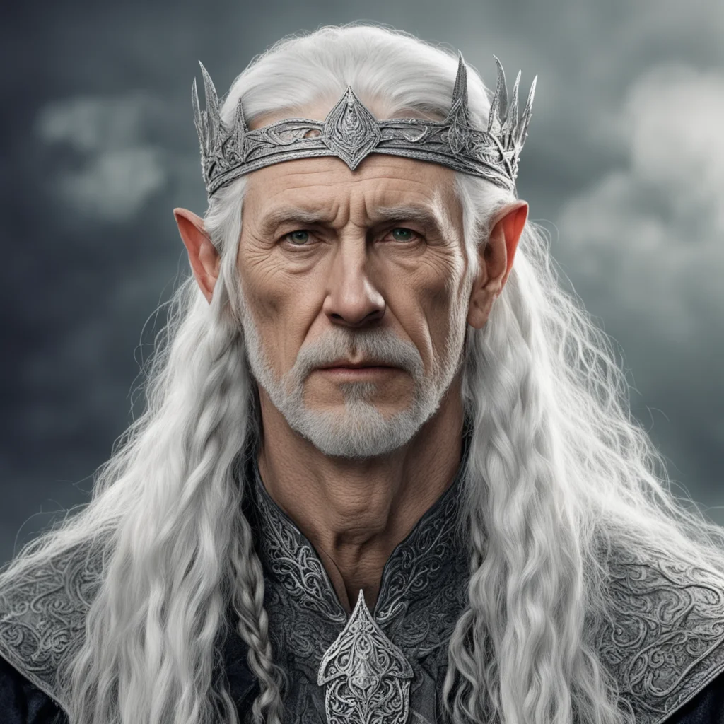 aitolkien king olwe with white hair with braids wearing elvish silver circlet with diamonds good looking trending fantastic 1