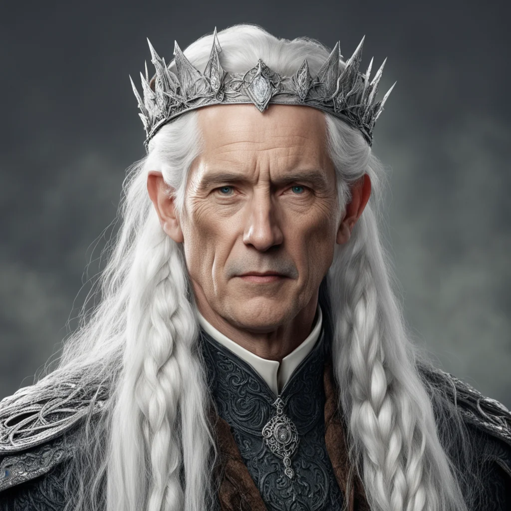 tolkien king olwe with white hair with braids wearing elvish silver circlet with diamonds