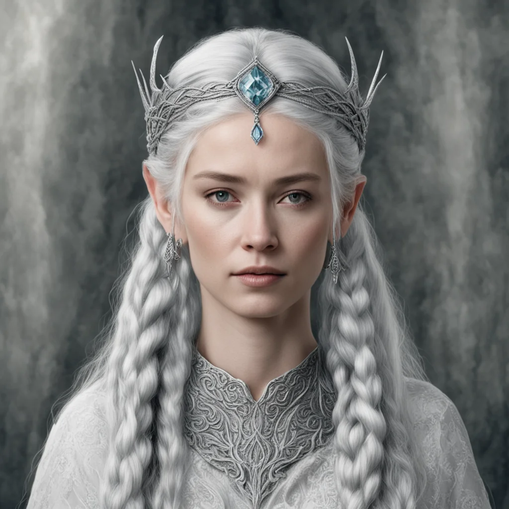 aitolkien king oropher%E2%80%99s wife with silver hair and braids wearing silver sindarin elvish circlet with large center diamond amazing awesome portrait 2
