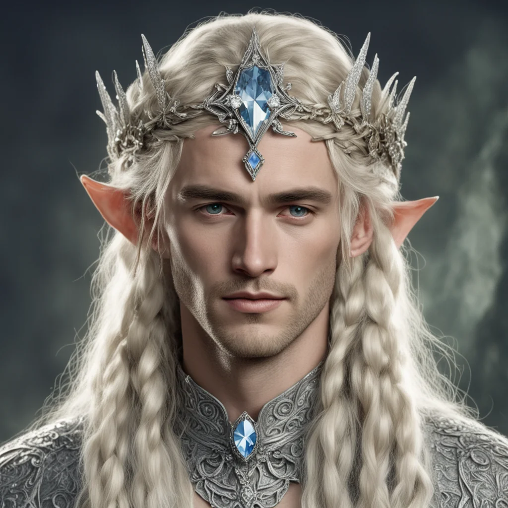 tolkien king oropher with blond hair  and  braids wearing silver flower elvish circlet encrusted with diamonds with large center diamond confident engaging wow artstation art 3