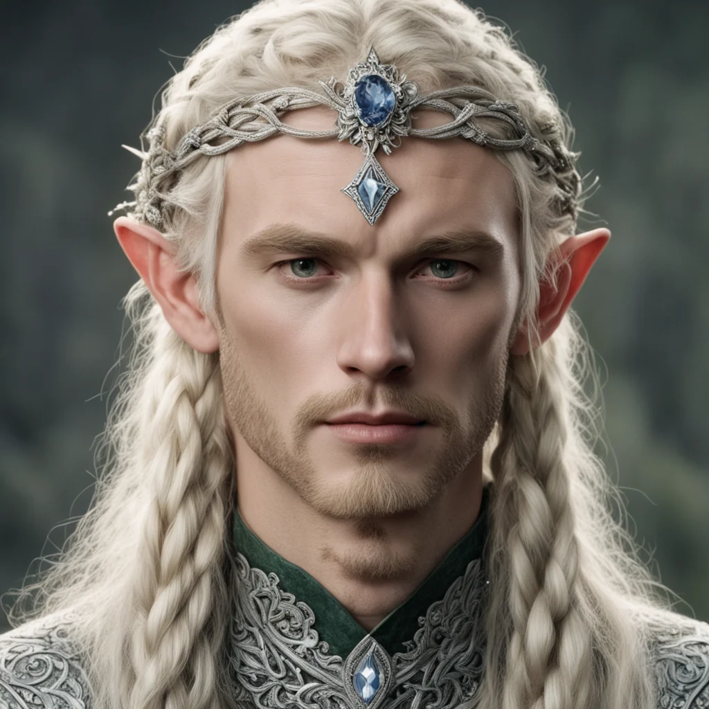 tolkien king oropher with blond hair  and  braids wearing silver flower elvish circlet encrusted with diamonds with large center diamond good looking trending fantastic 1