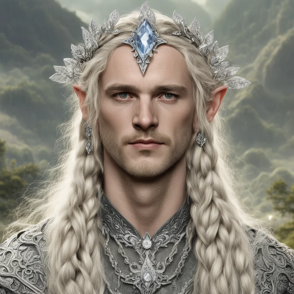 aitolkien king oropher with blond hair  and  braids wearing silver flower elvish circlet encrusted with diamonds with large center diamond