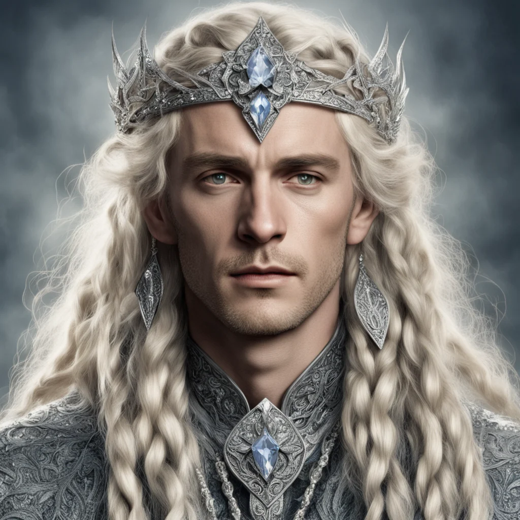 aitolkien king oropher with blond hair amd braids wearing silver flower encrusted with diamonds forming a silver elvish circlet encrusted with diamonds with large center diamond 