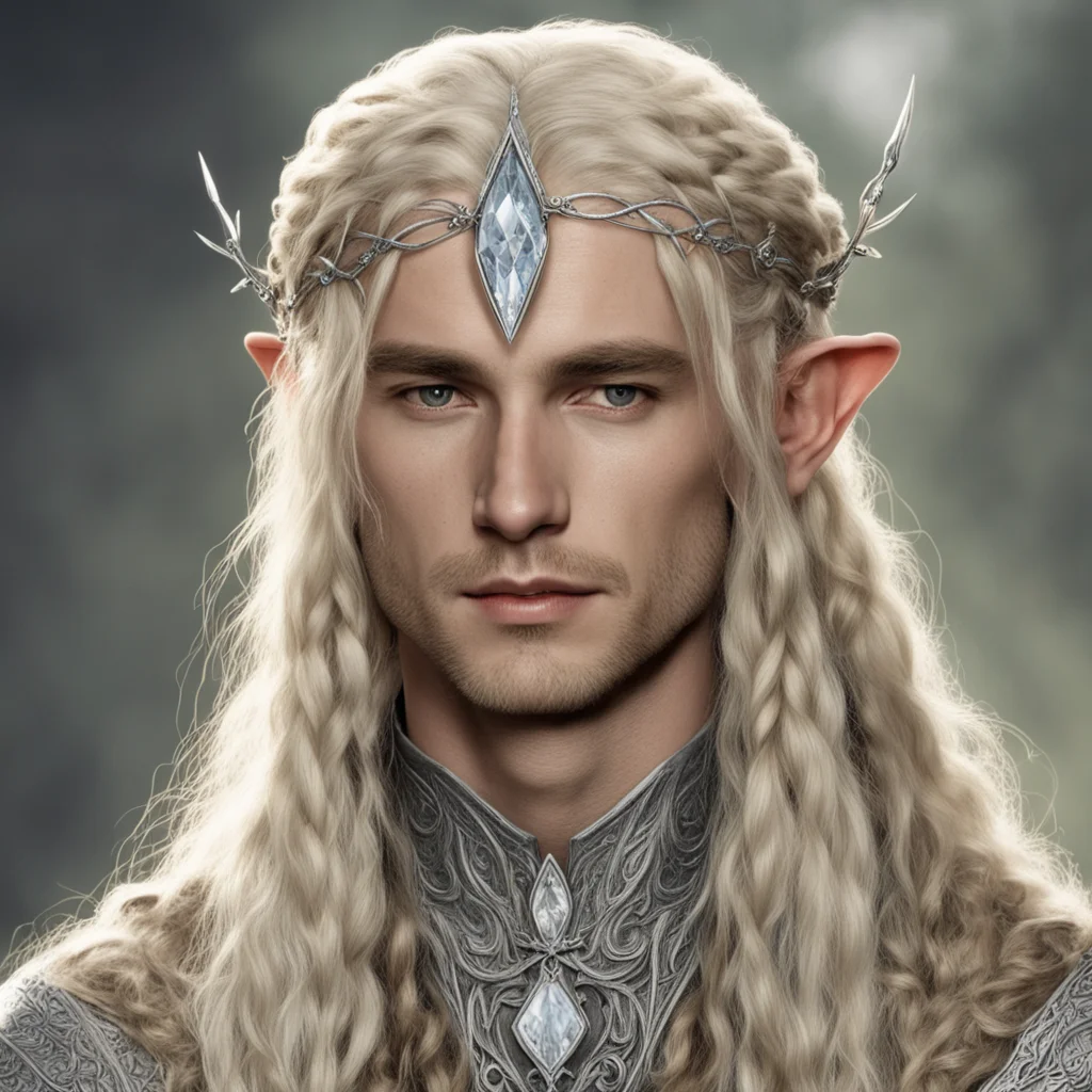 aitolkien king oropher with blond hair and braids wearing a small thin silver nandorin elvish circlet with large center diamond  good looking trending fantastic 1