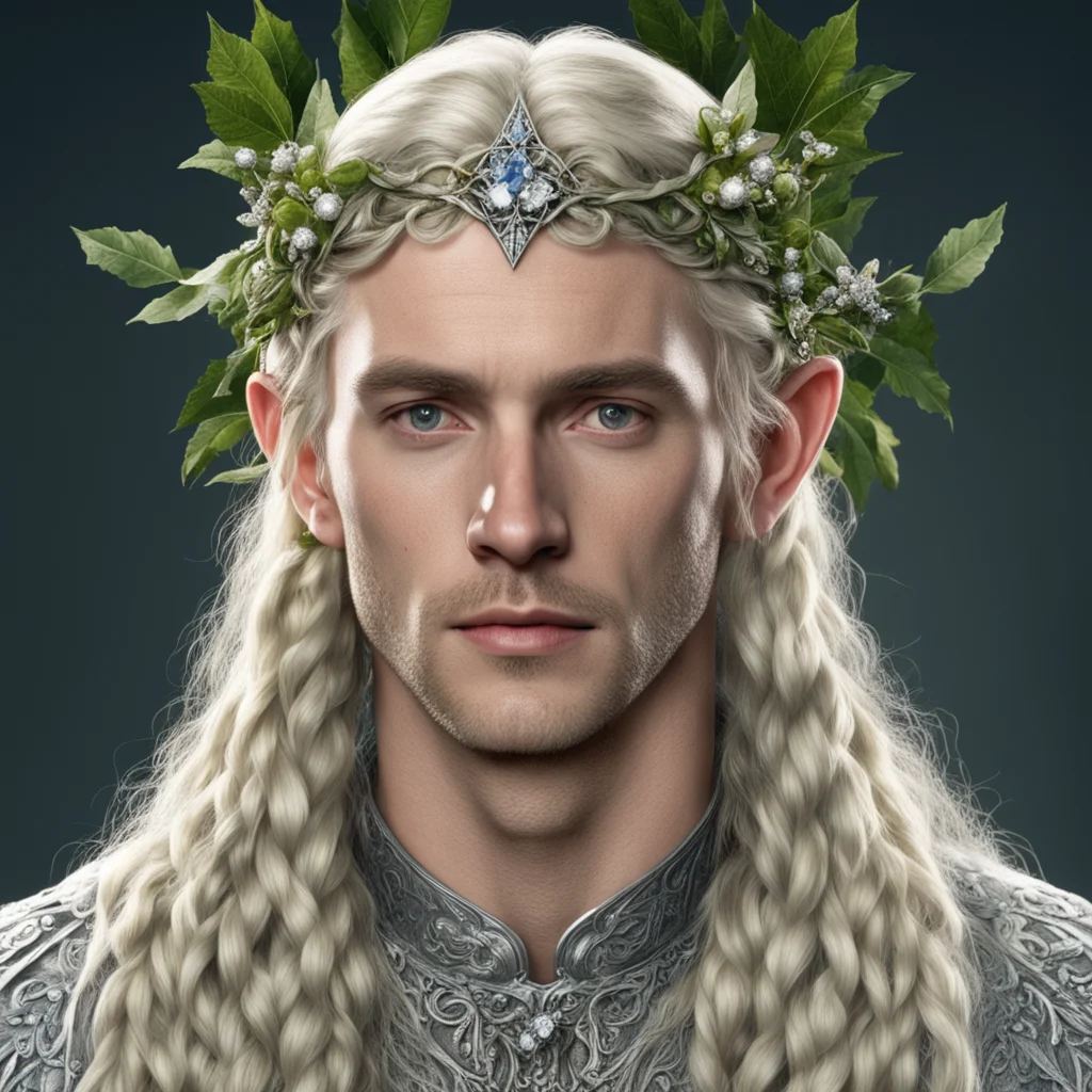 tolkien king oropher with blond hair and braids wearing holly leaves encrusted with diamonds with clusters of diamond berries to form a silver sindarin elvish circlet with large center diamond  good