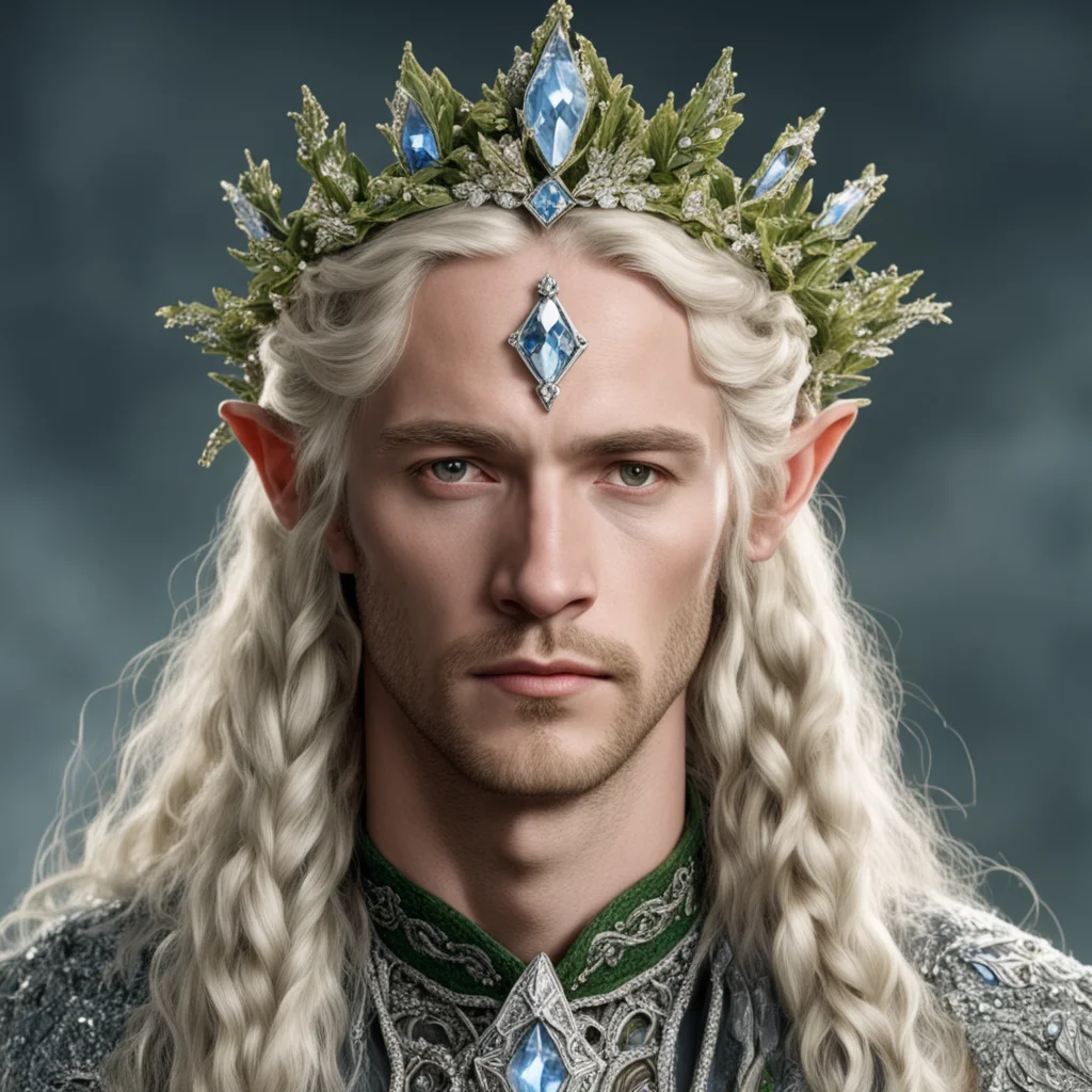 aitolkien king oropher with blond hair and braids wearing holly leaves encrusted with diamonds with clusters of diamond berries to form a silver sindarin elvish circlet with large center diamond 
