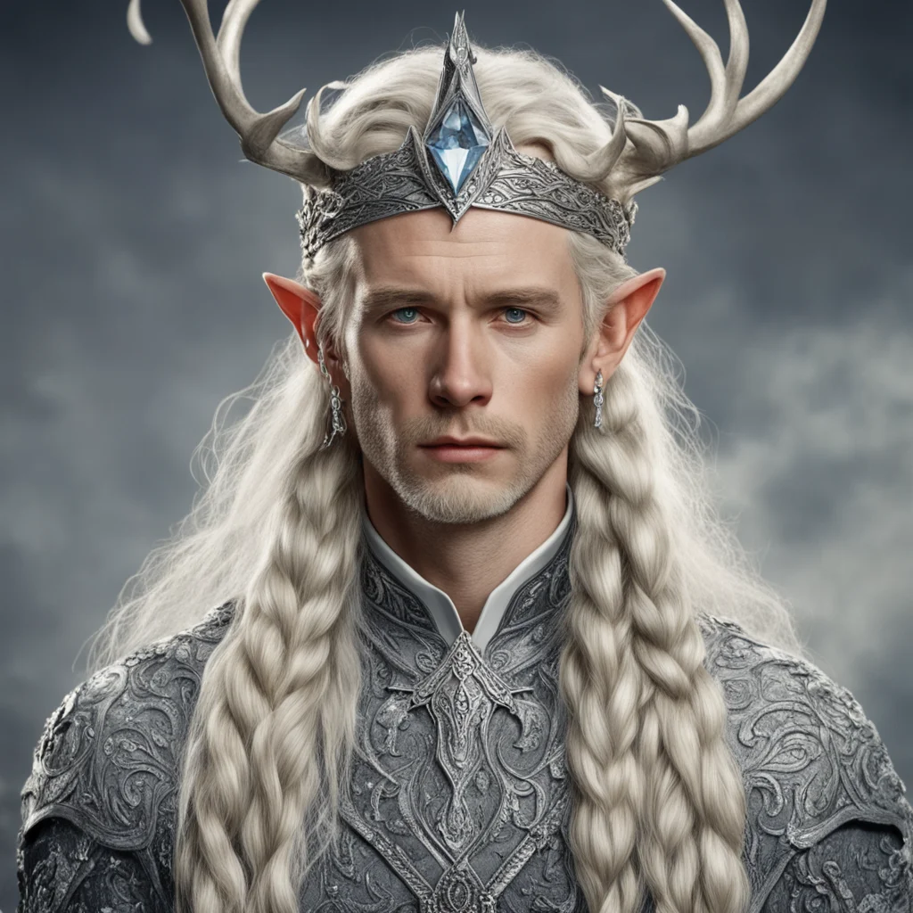 aitolkien king oropher with blond hair and braids wearing miniature silver elk encrusted with diamonds on a silver elvish circlet with large center diamond amazing awesome portrait 2